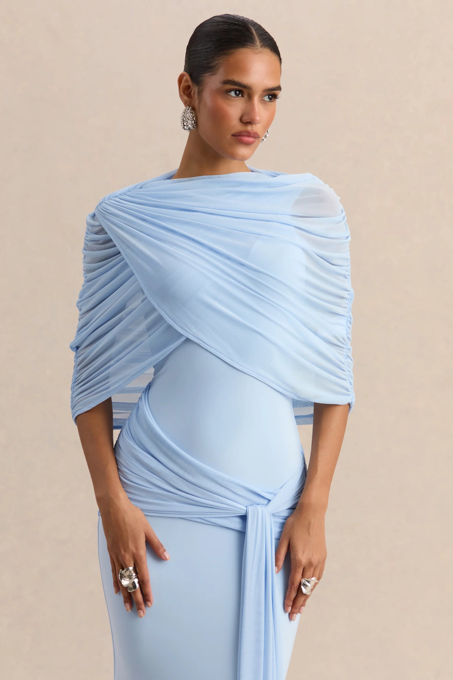 Mirene Powder Blue Round-Neck Maxi-Dress With Gathered-Detailing And Sash