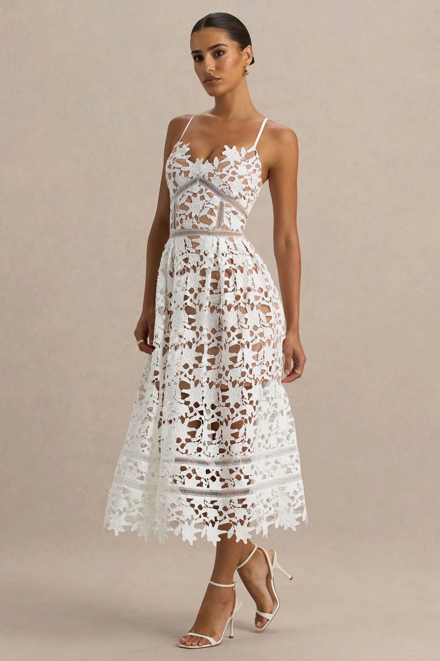 Zuri White Lace Sweetheart Midi Dress With Cami Straps