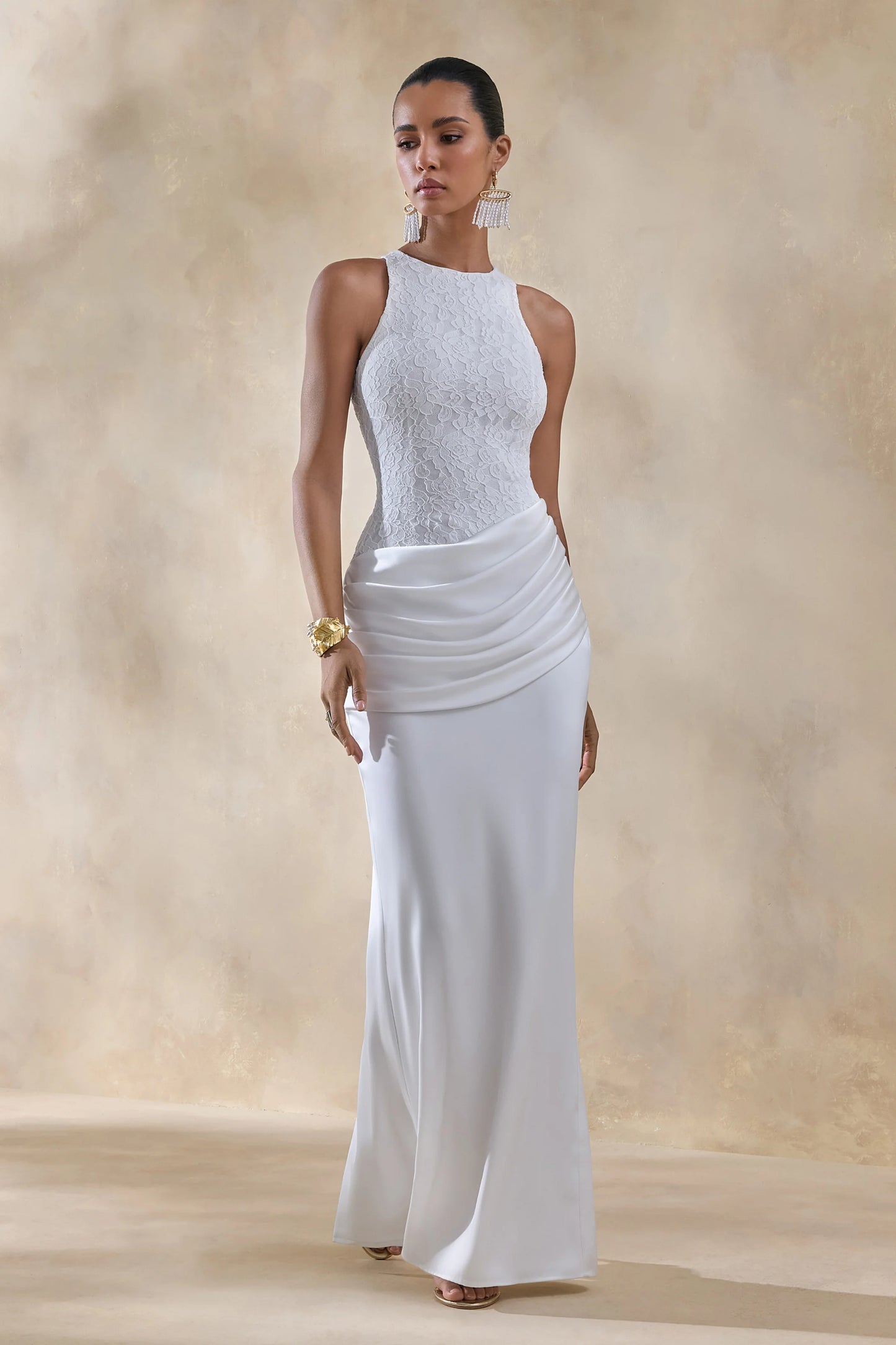 Neria White Satin And Lace Crew-Neck Maxi Dress With Draped Wrap-Skirt