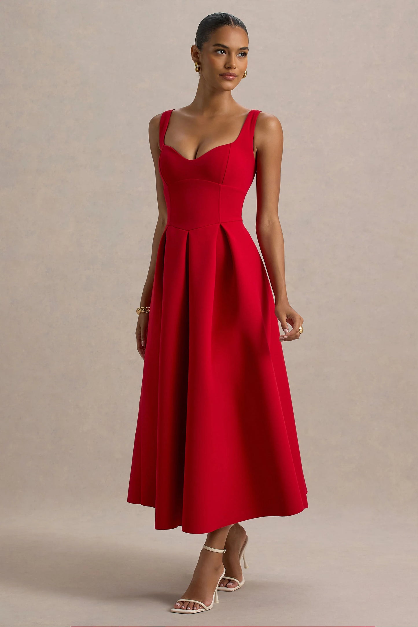 Rosemary Red Sweetheart-Neck Midi Dress