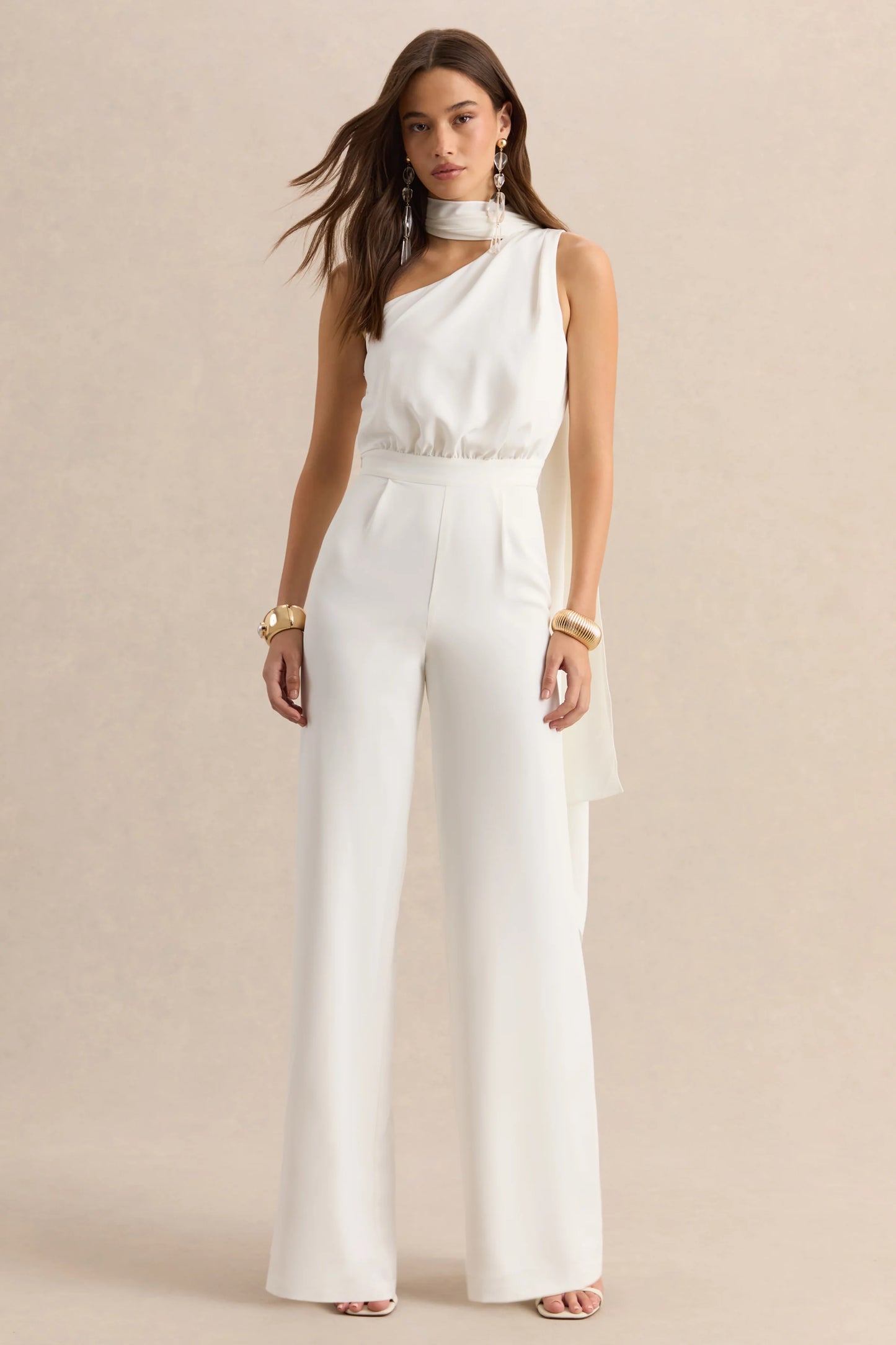 Gliselle White Asymmetric-Neck Jumpsuit With Scarf-Detail