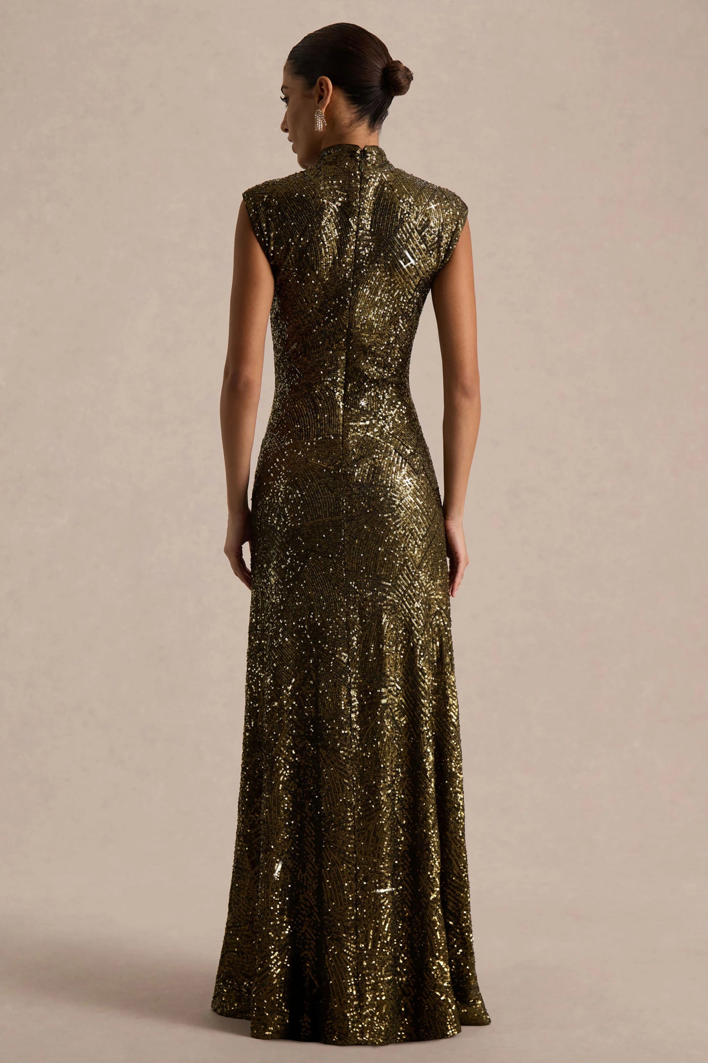 Cecy Khaki Sequin High-Neck Maxi Dress With Cap Sleeves