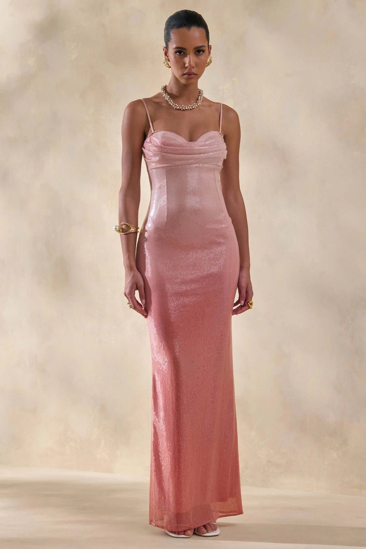 Feloria Coral Ombre Sequin Cowl-Neck Maxi Dress