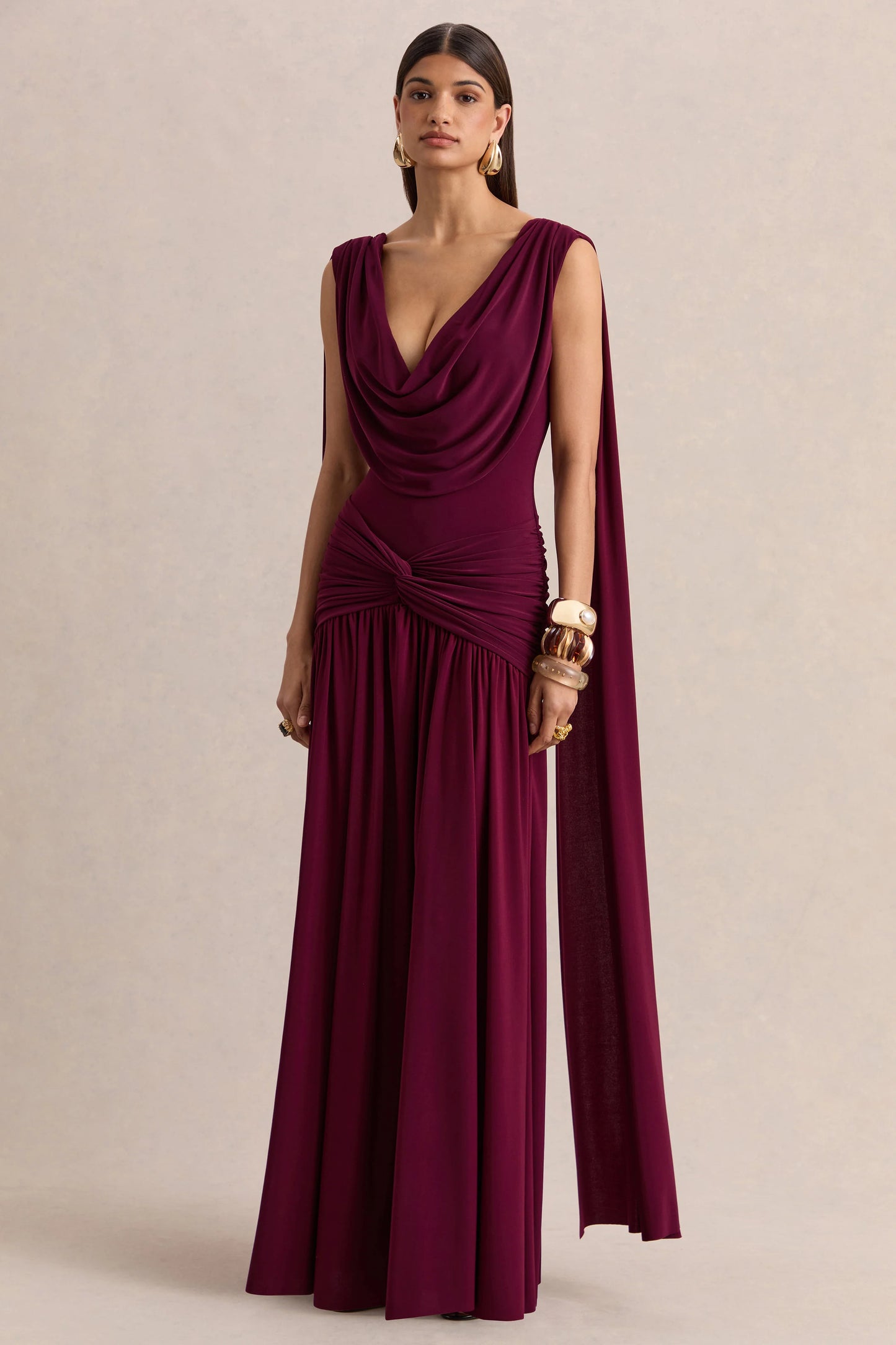 Amelisse Burgundy Plunge-Neck Maxi Dress With Ruched-Detailing