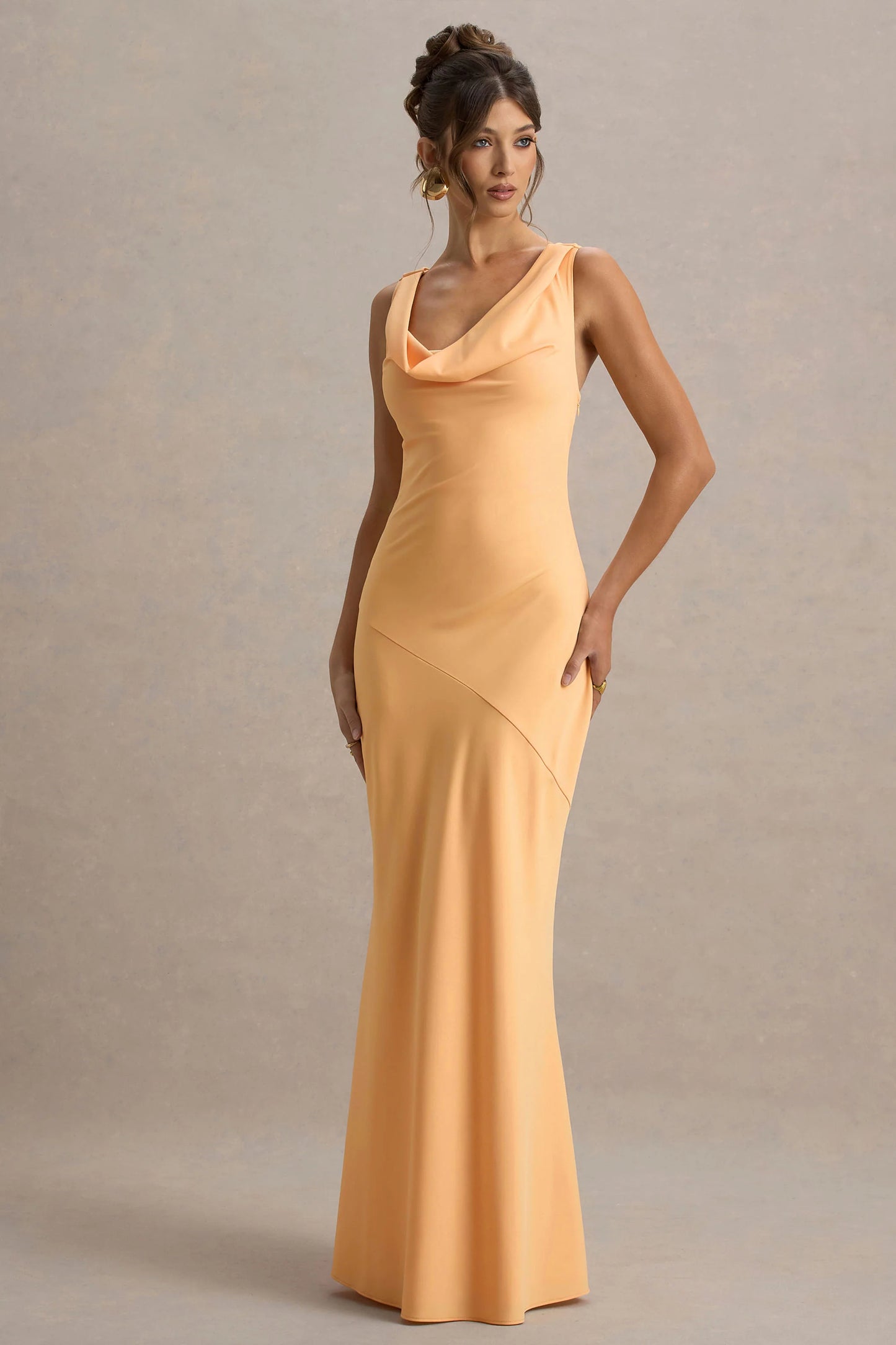 Alesso Peach Satin Cowl-Neck Slip-Maxi Dress