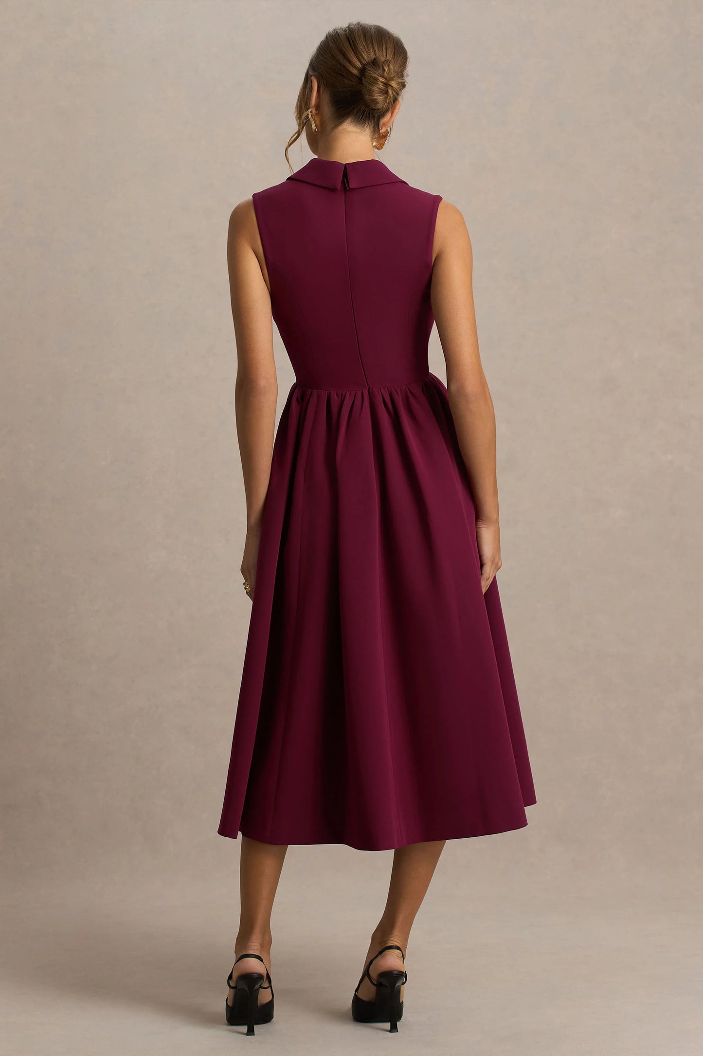 Lisa Burgundy Plunge-Neck Tailored Midi Dress With Button-Detailing