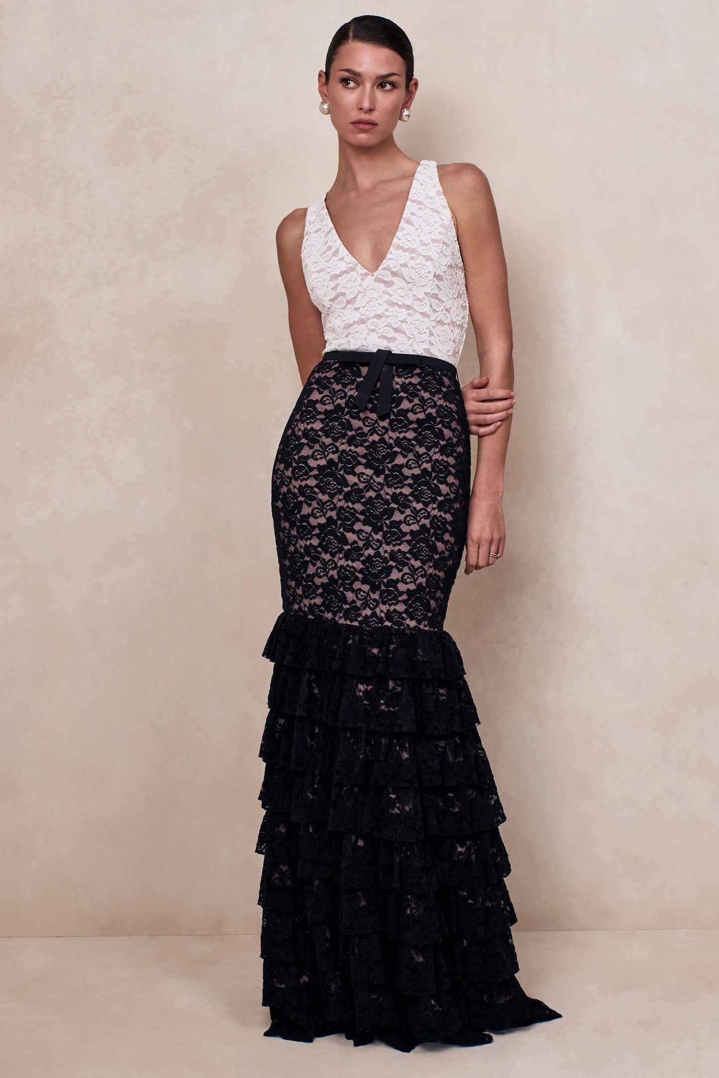 Isoria Black And White Lace Halter-Neck Maxi Dress With Bow-Belt Detail