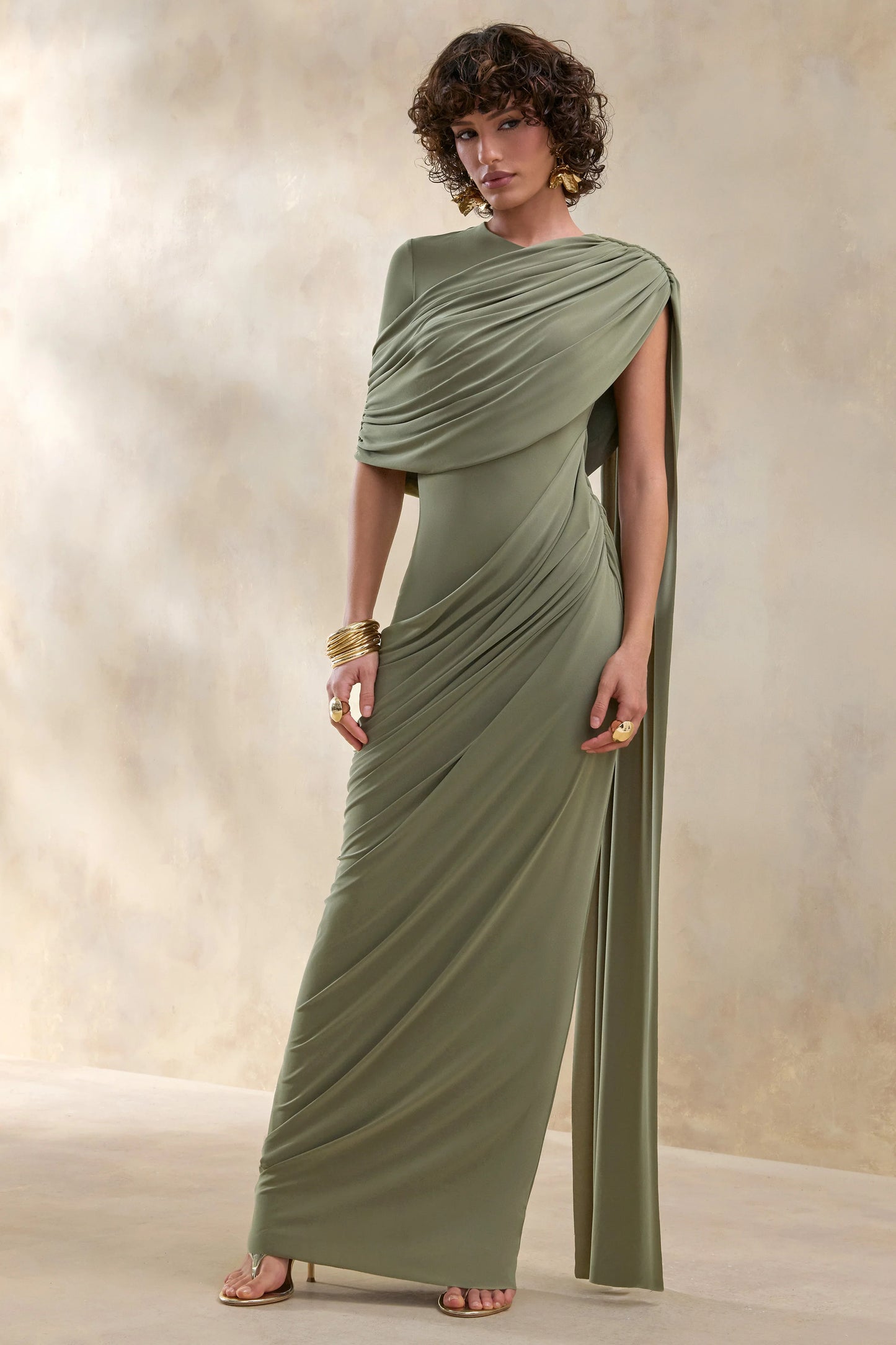 Gisara Olive High-Neck Maxi Dress With Sash And Draped-Detailing