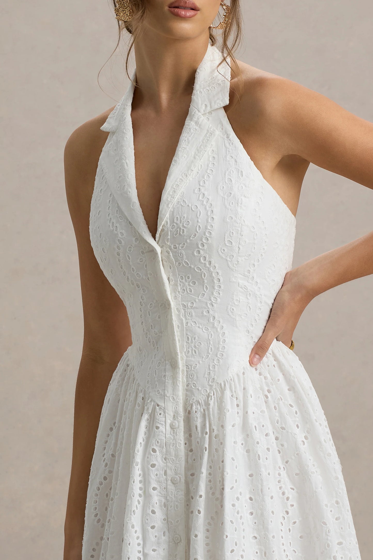 Jezebel White Lace Plunge-Neck Collared Midi Dress