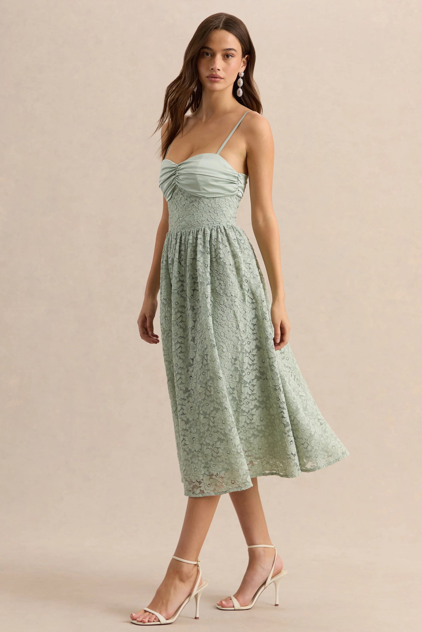 Gloriana Sage Lace Sweetheart-Neck Midi Dress