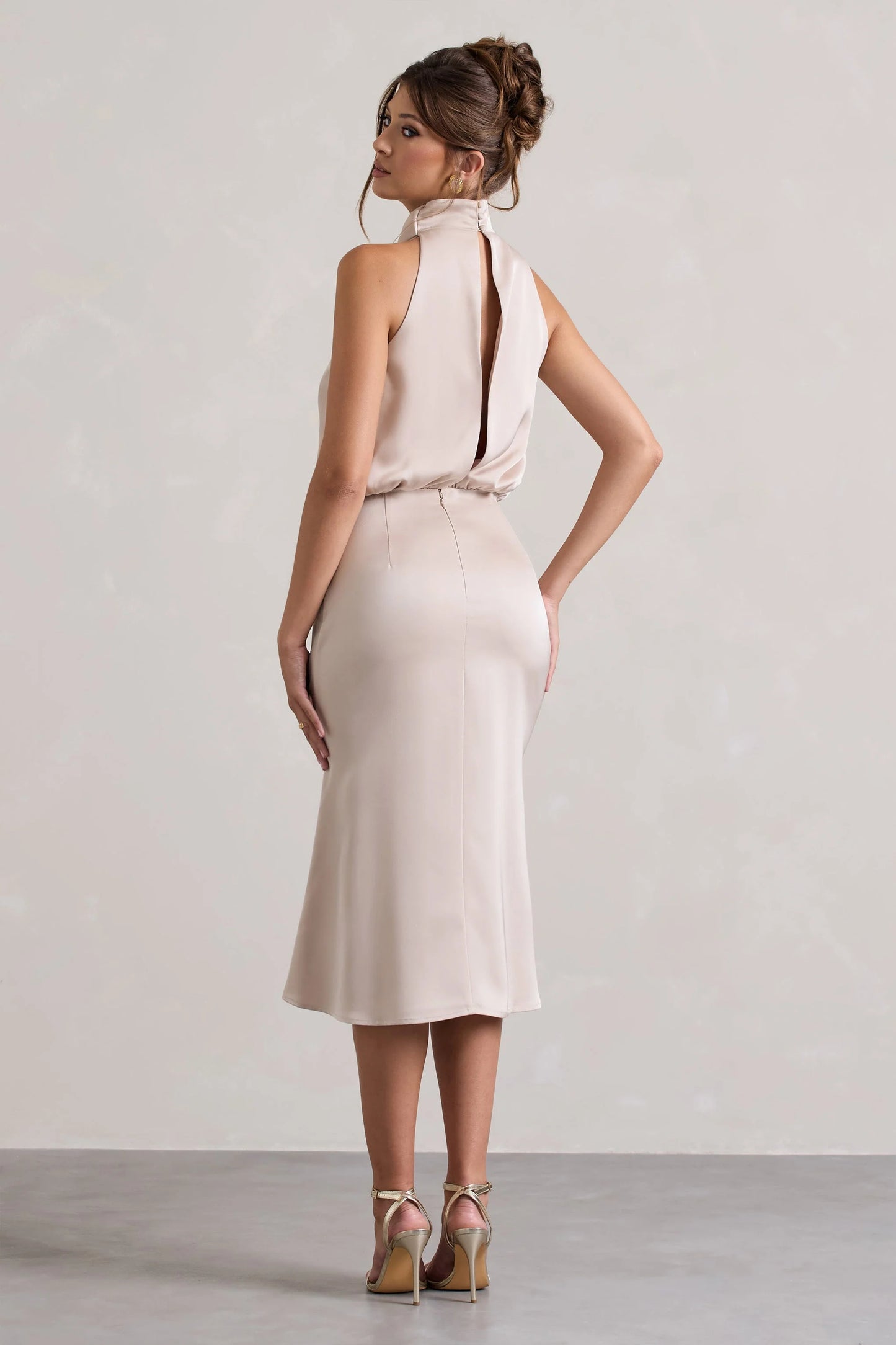 Geena Champagne Satin Twisted High-Neck Midi Dress
