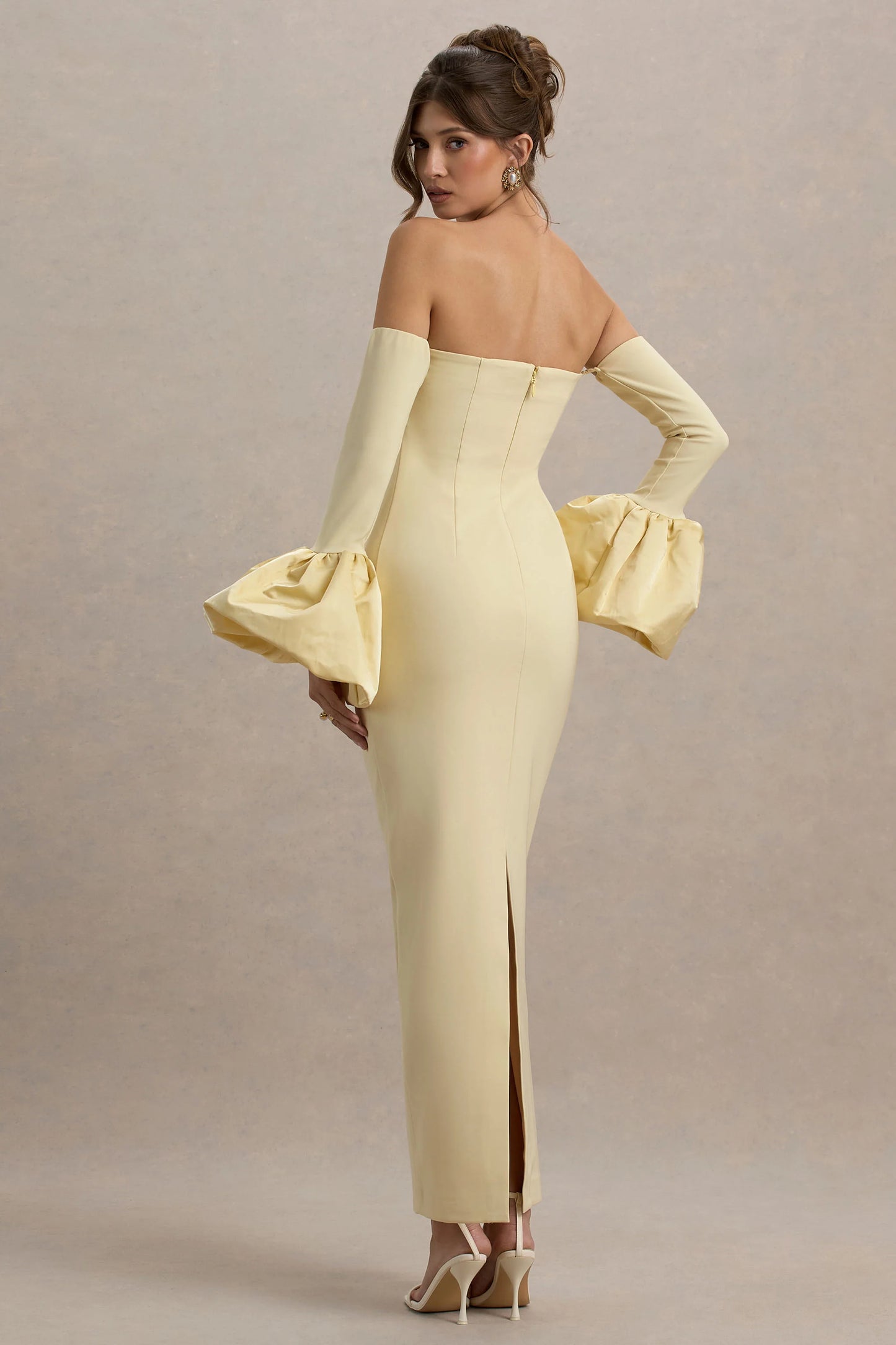 Myah Lemon Bandeau Long-Sleeve Maxi Dress With Puff Cuffs