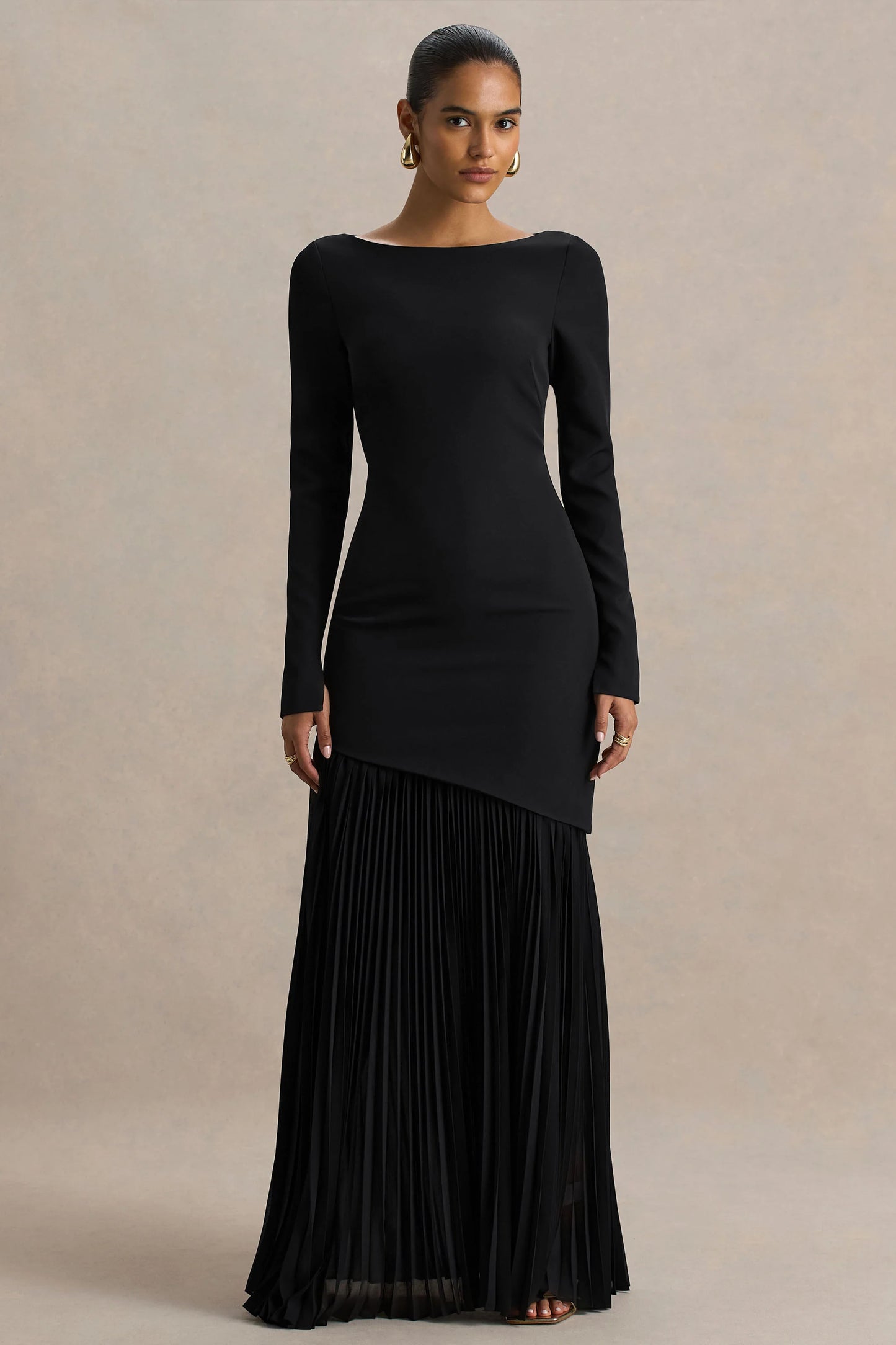 Yanira Black Crepe And Georgette Boat-Neck Maxi Dress With Drop Waist