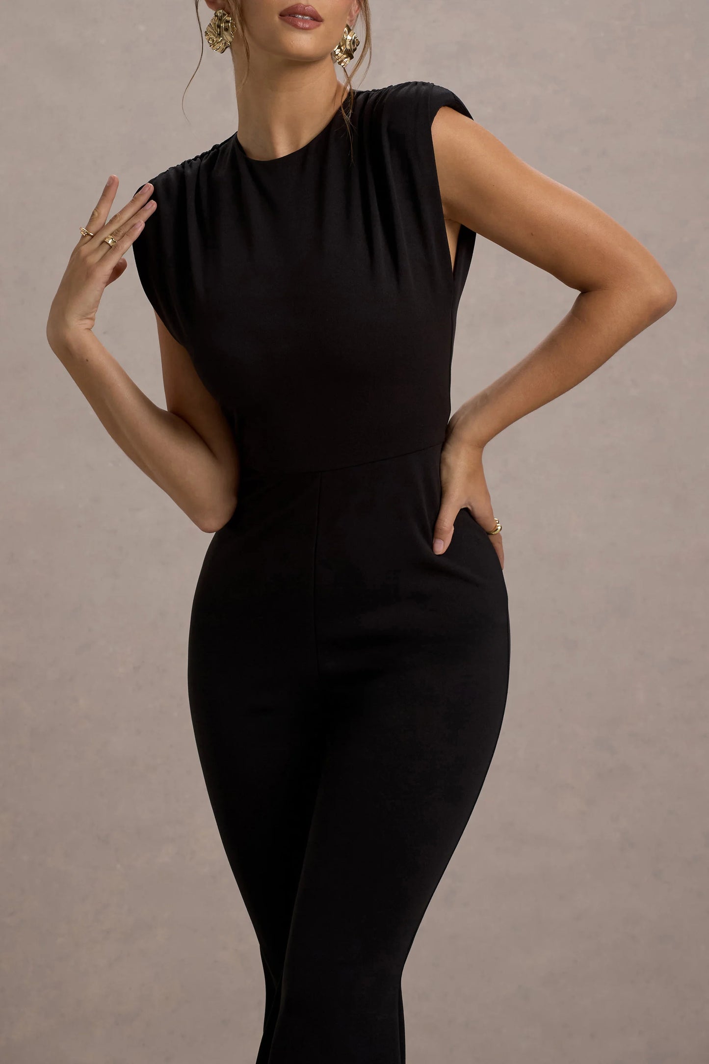 Elyna Black High-Neck Draped Flared-Leg Jumpsuit
