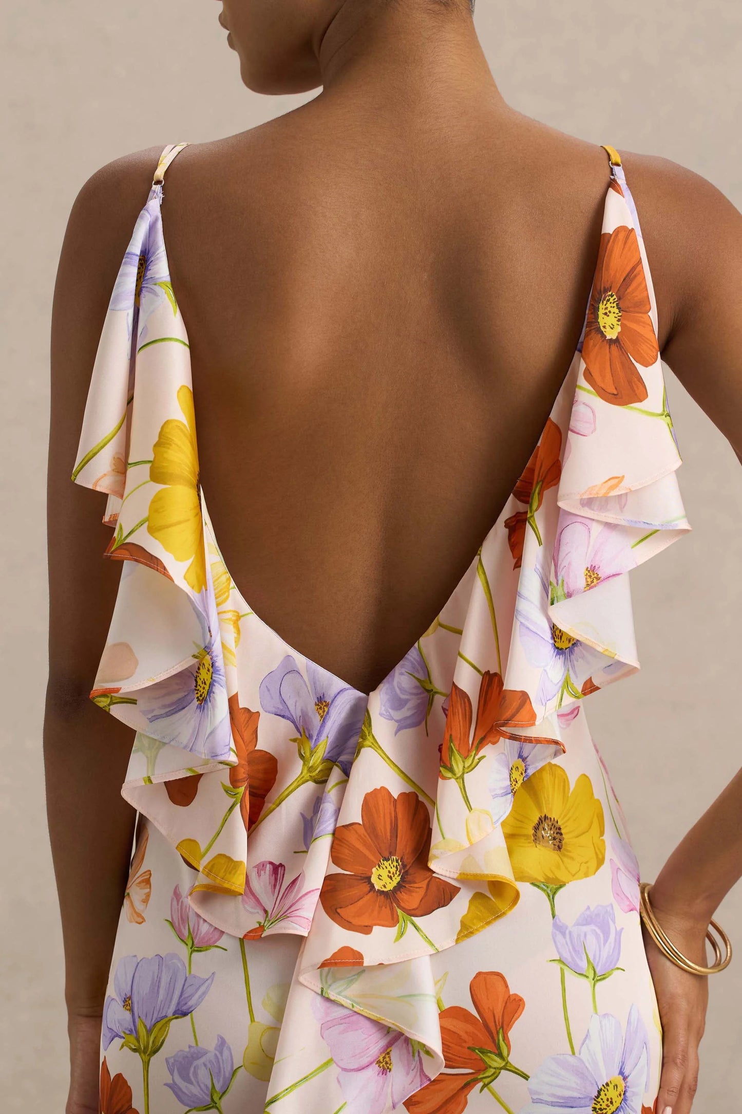 Thames Bright Floral Print Satin Cowl-Neck Maxi Dress