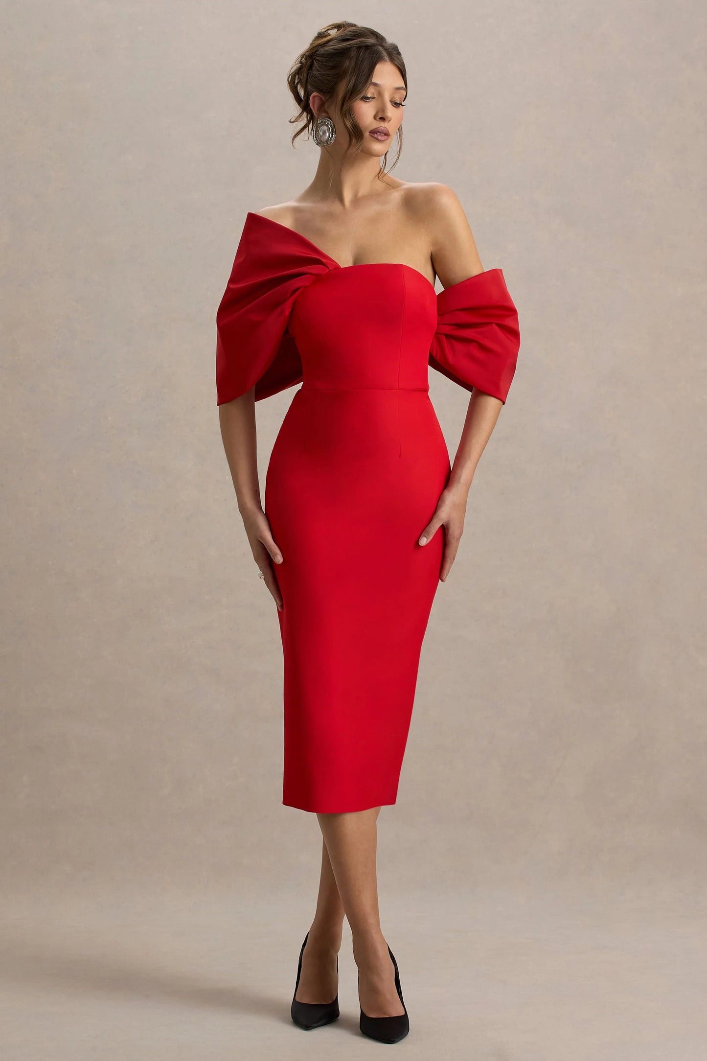 Lucille Red Asymmetric Bardot Midi Dress With Bow Detail