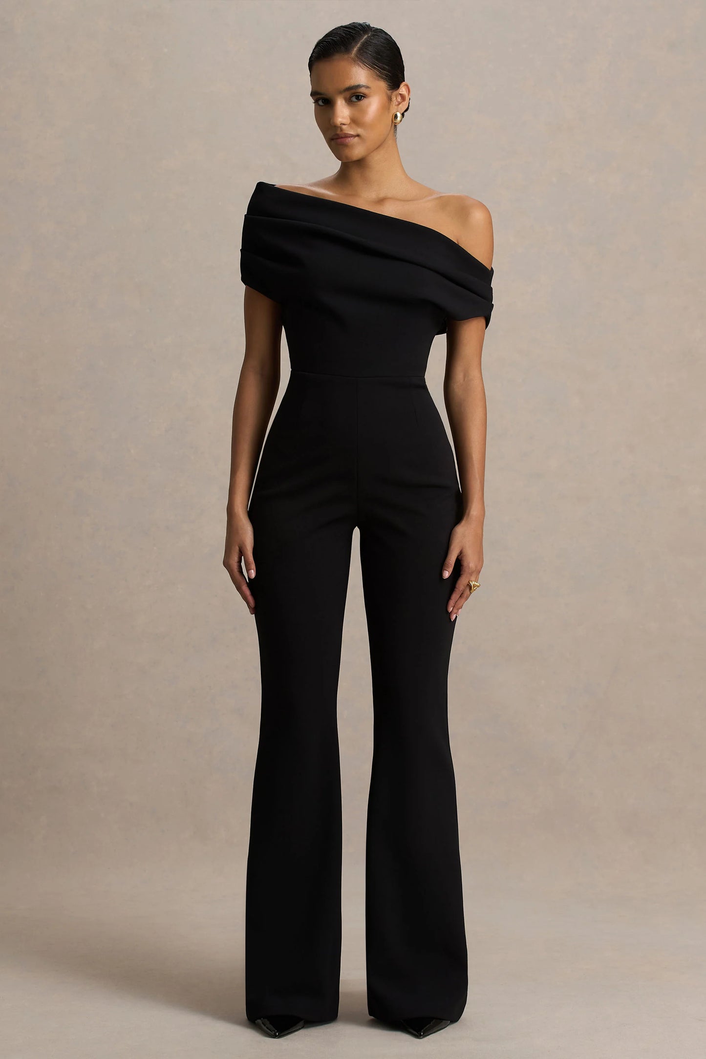 Alexandra Black Asymmetric-Neck Draped Jumpsuit