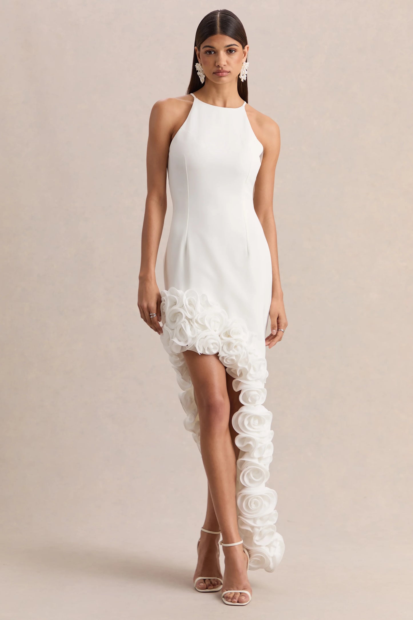 Indira White Halter-Neck Maxi Dress With Asymmetric-Floral Hem