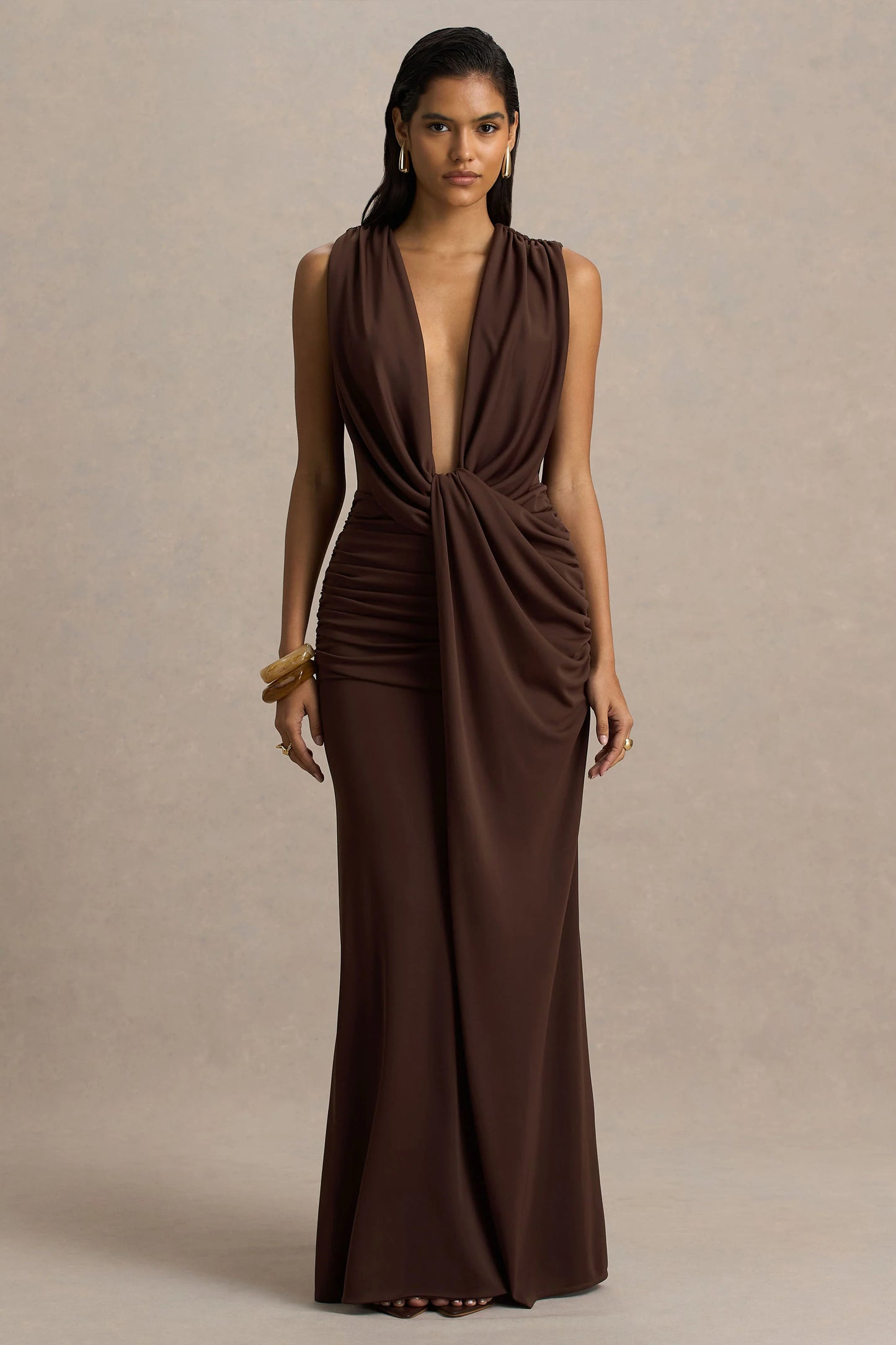 Serafina Chocolate Extreme-Plunge Neck Maxi Dress With Wrap And Ruched Details