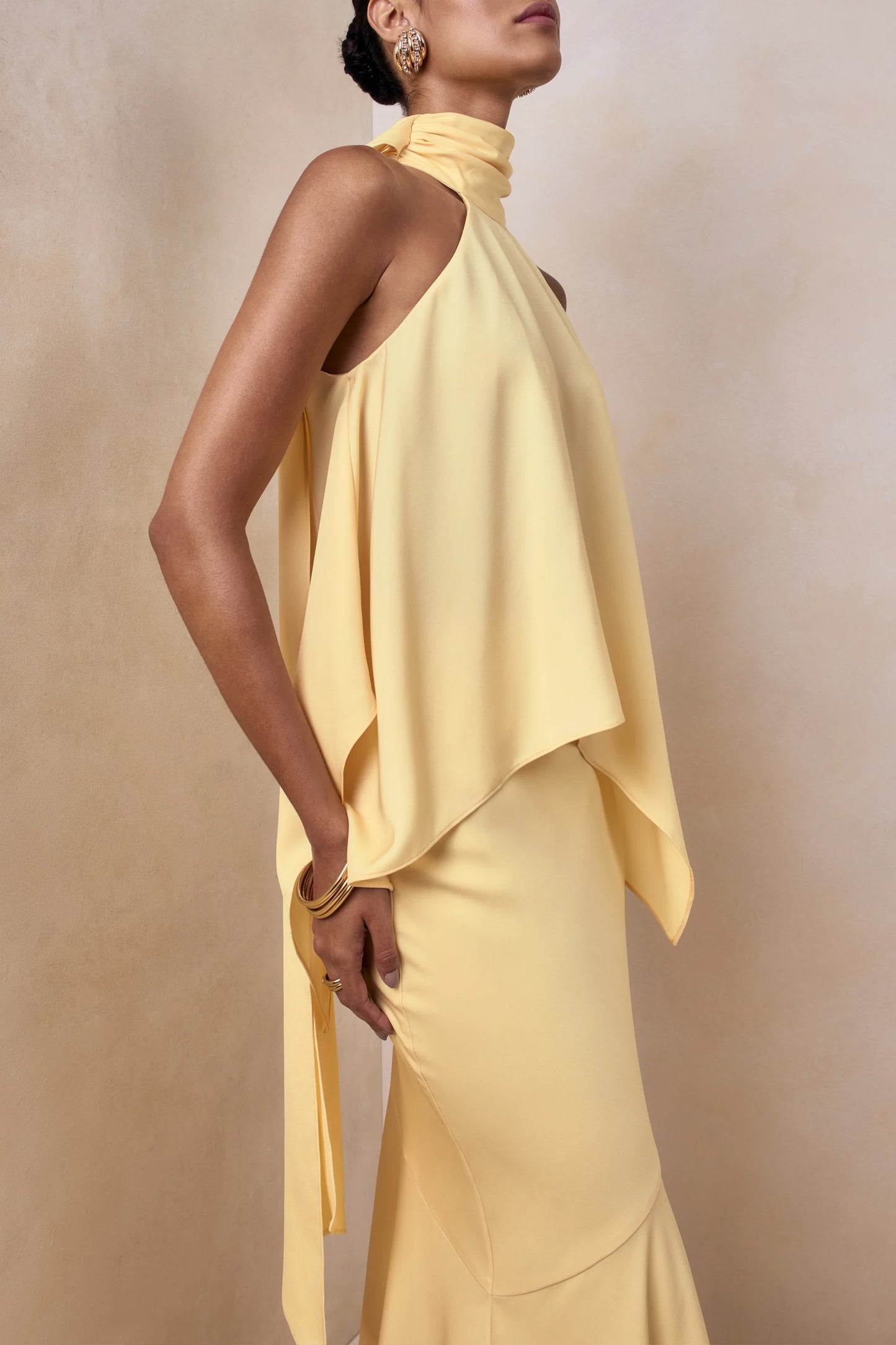 Vayla Lemon Matte Satin Asymmetric Drop-Waist Maxi Skirt