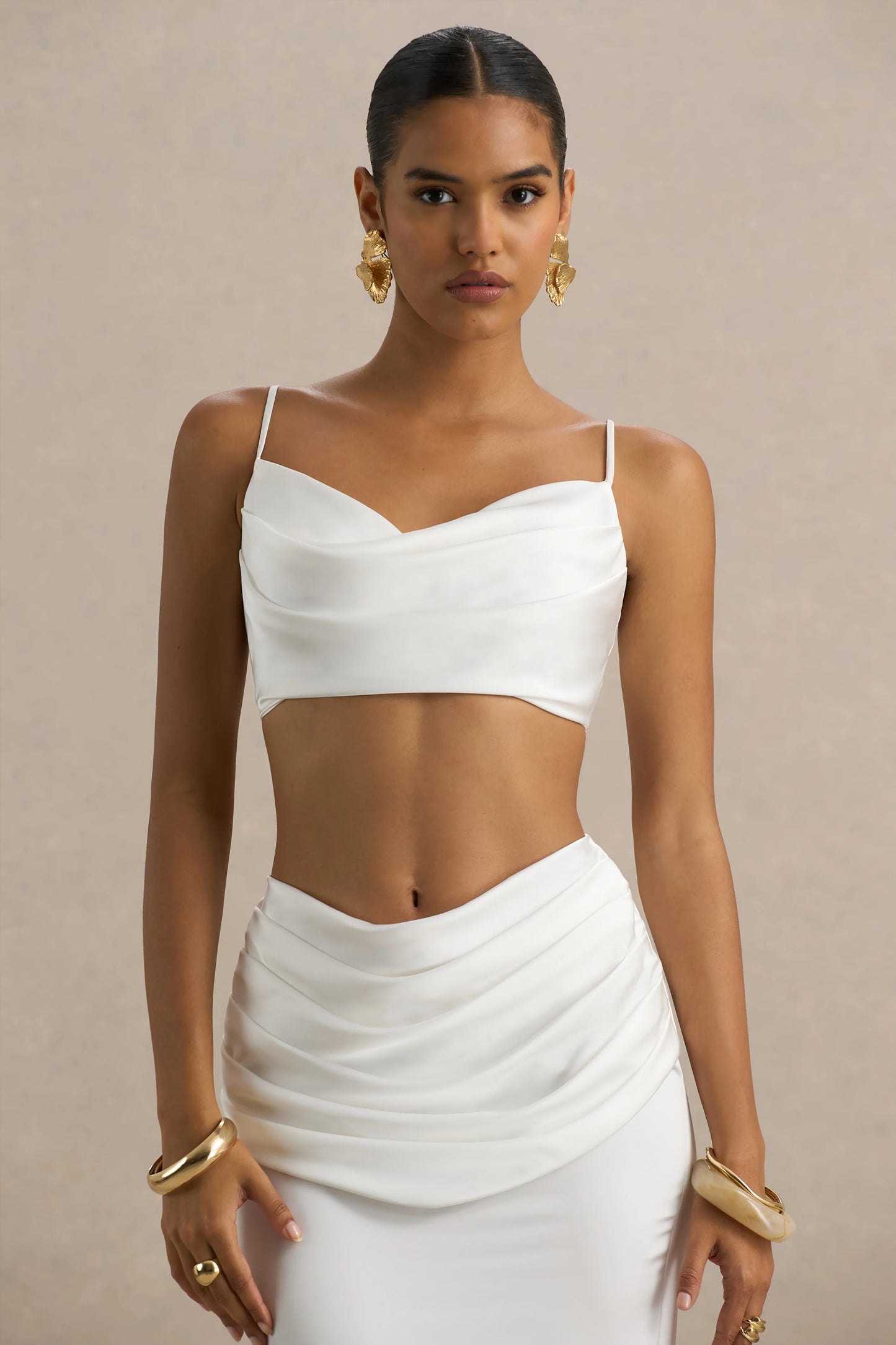Una White Ruched Cowl-Neck Crop Top