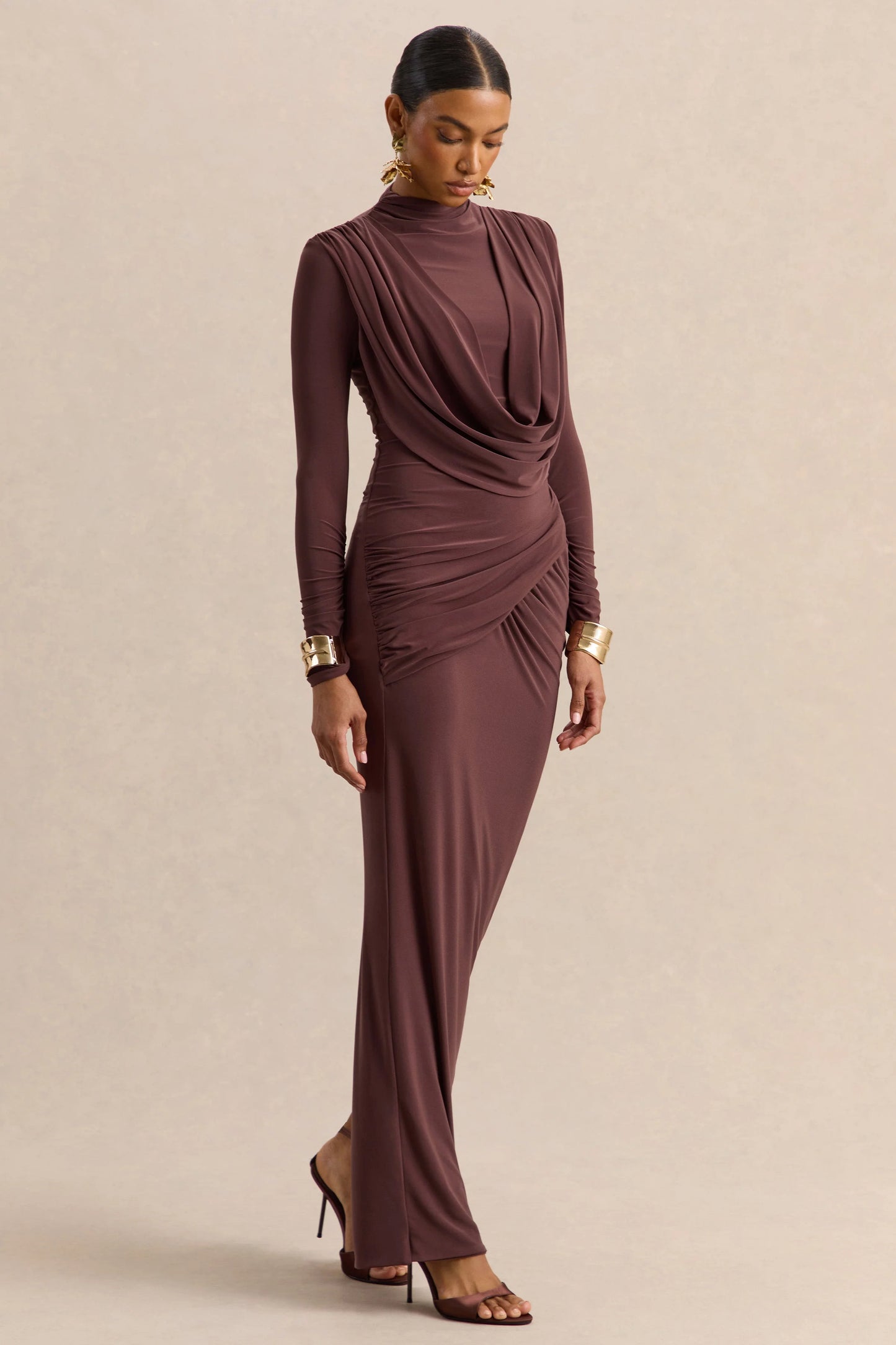 Karinthia Brown High-Neck Maxi Dress With Draped-Detailing