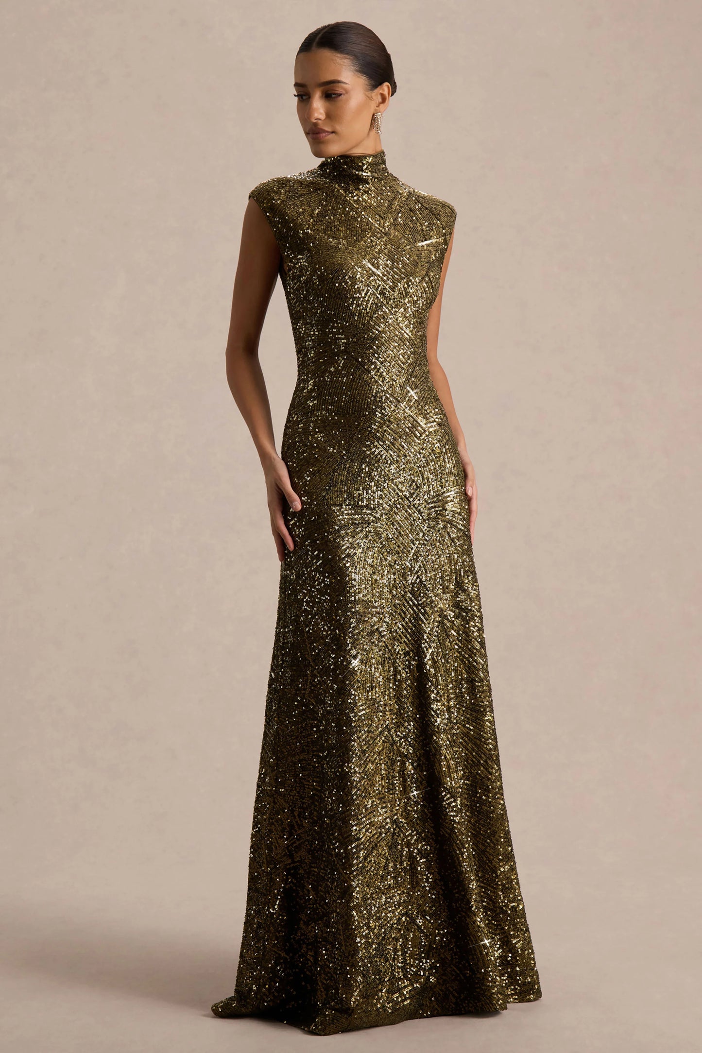 Cecy Khaki Sequin High-Neck Maxi Dress With Cap Sleeves