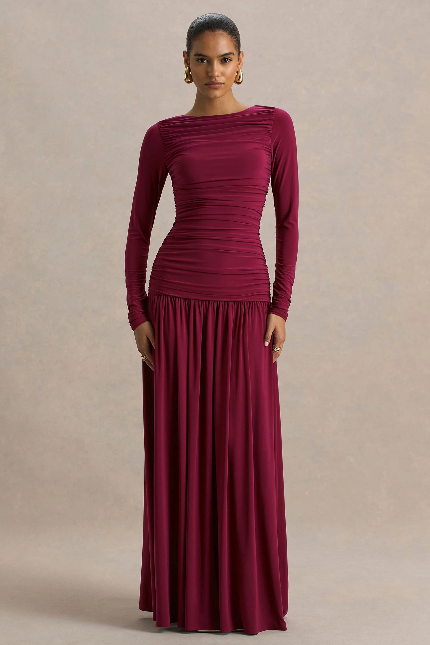 Aniyah Burgundy Slashed-Neck Maxi Dress With Ruched Detailing