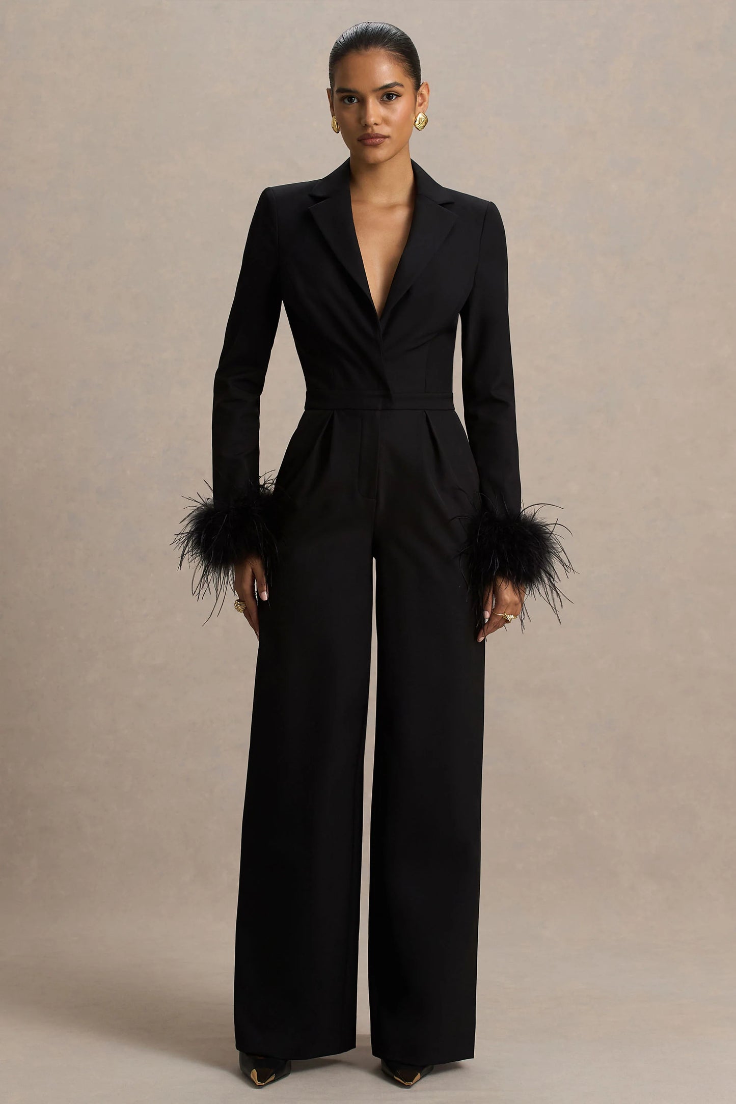 Lissy Black Plunge-Neck Jumpsuit With Feather-Detailed Sleeves