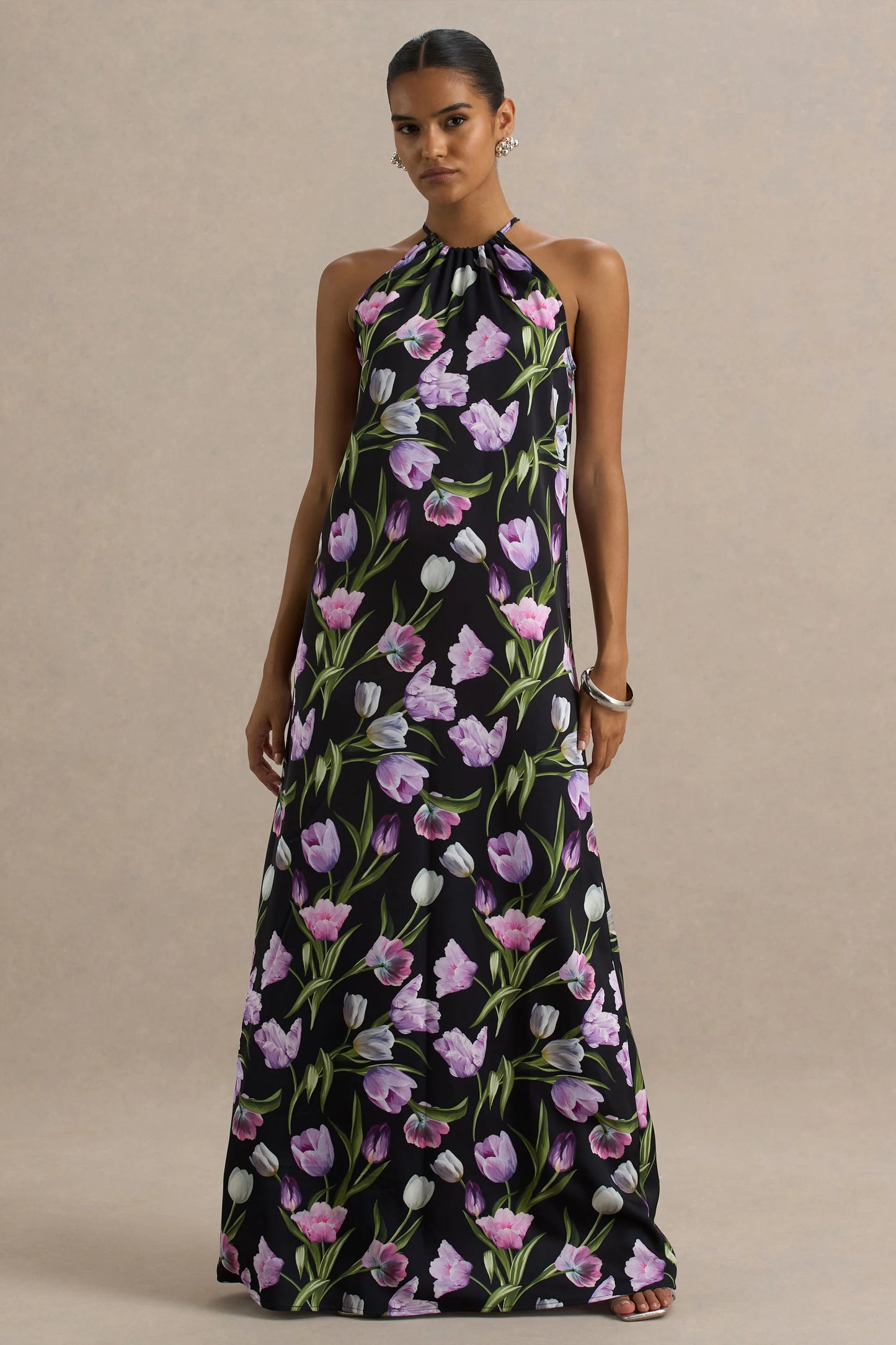Svana Black Satin Floral Asymmetric Halter-Neck Maxi Dress