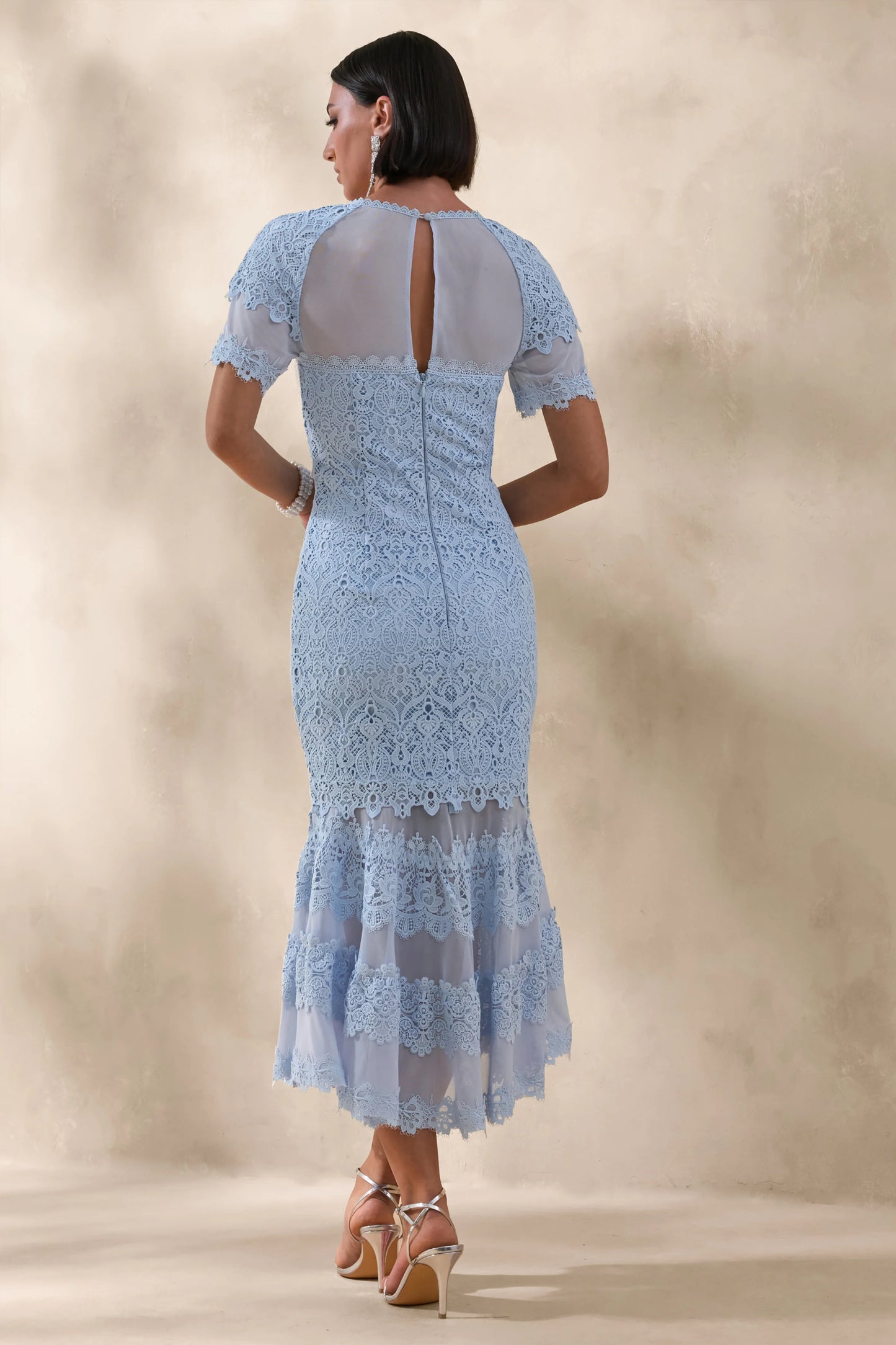 Leanne Powder Blue Mesh And Lace Crew-Neck Fishtail Midi Dress