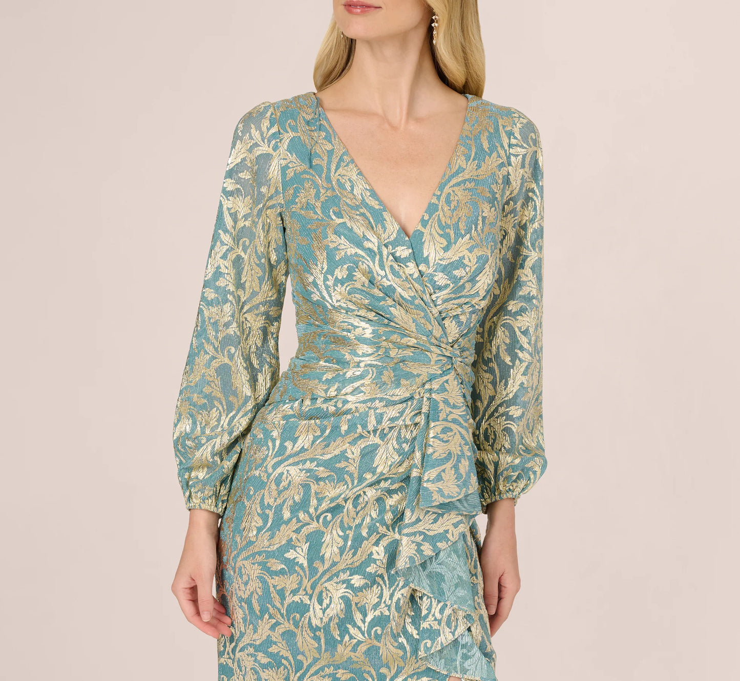 Long Sleeve Metallic Crinkle Drape Gown In Mint Gold