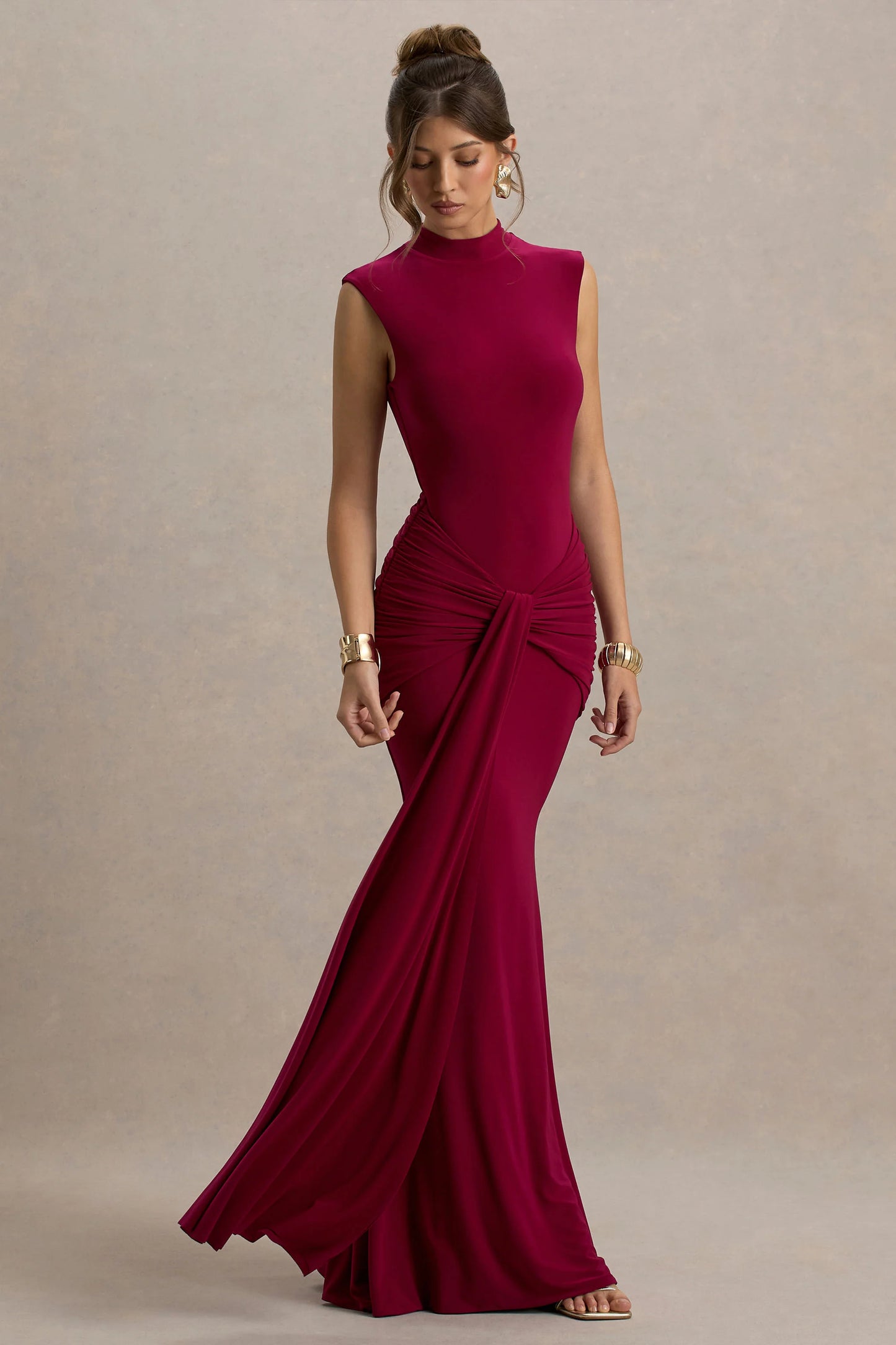 Graziana Burgundy High-Neck Gathered Draped Maxi Dress
