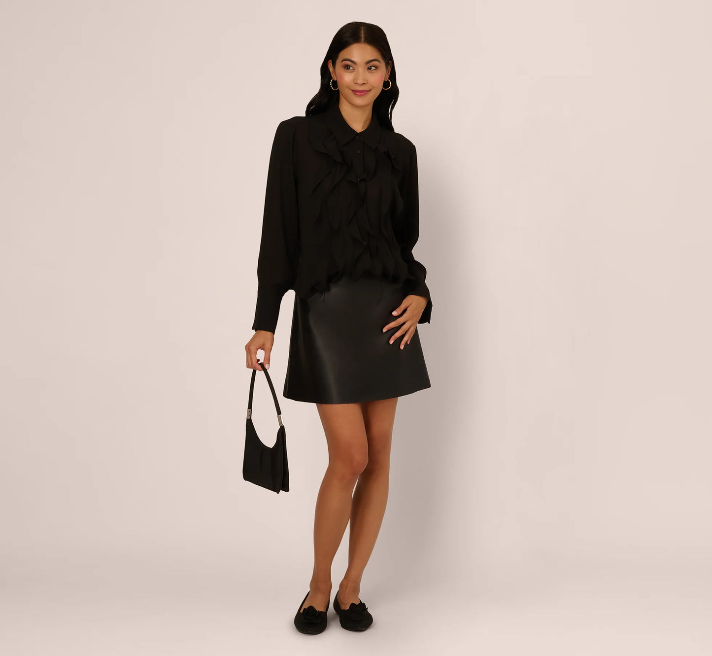 Long Sleeve Sheer Ruffle Front Blouse In Black