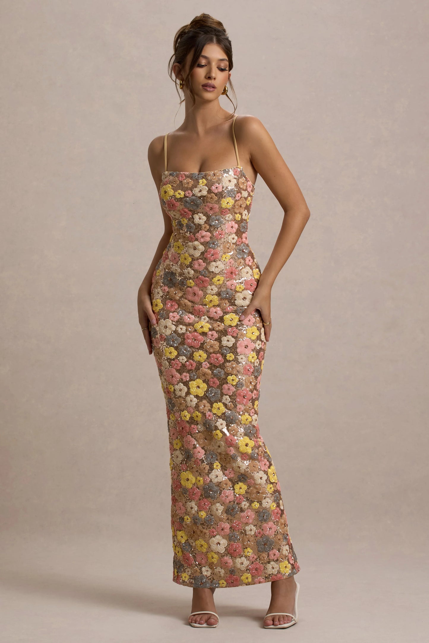 Vitora Pastel Floral Print Embellished Sequin Square-Neck Maxi Dress