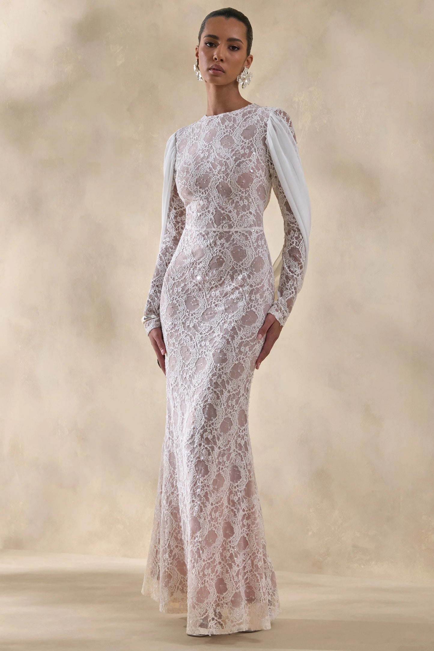 Nabina White Lace Crew-Neck Maxi Dress With Draped Back-Detail