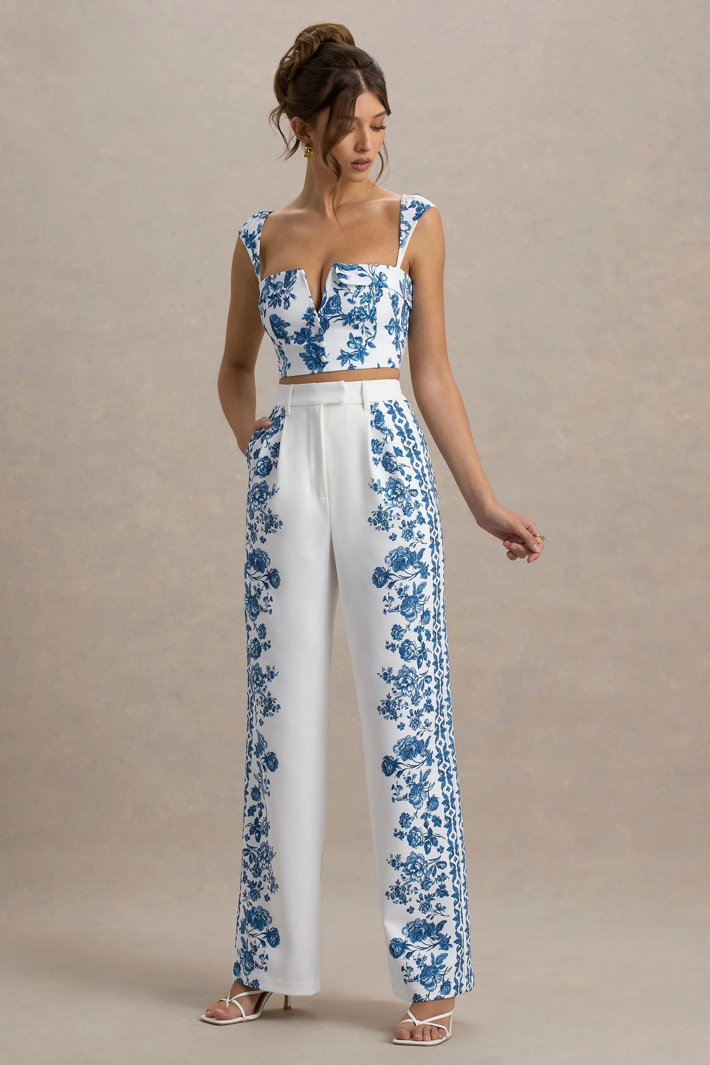 Zelie Blue Porcelain Print Wide-Leg Trousers
