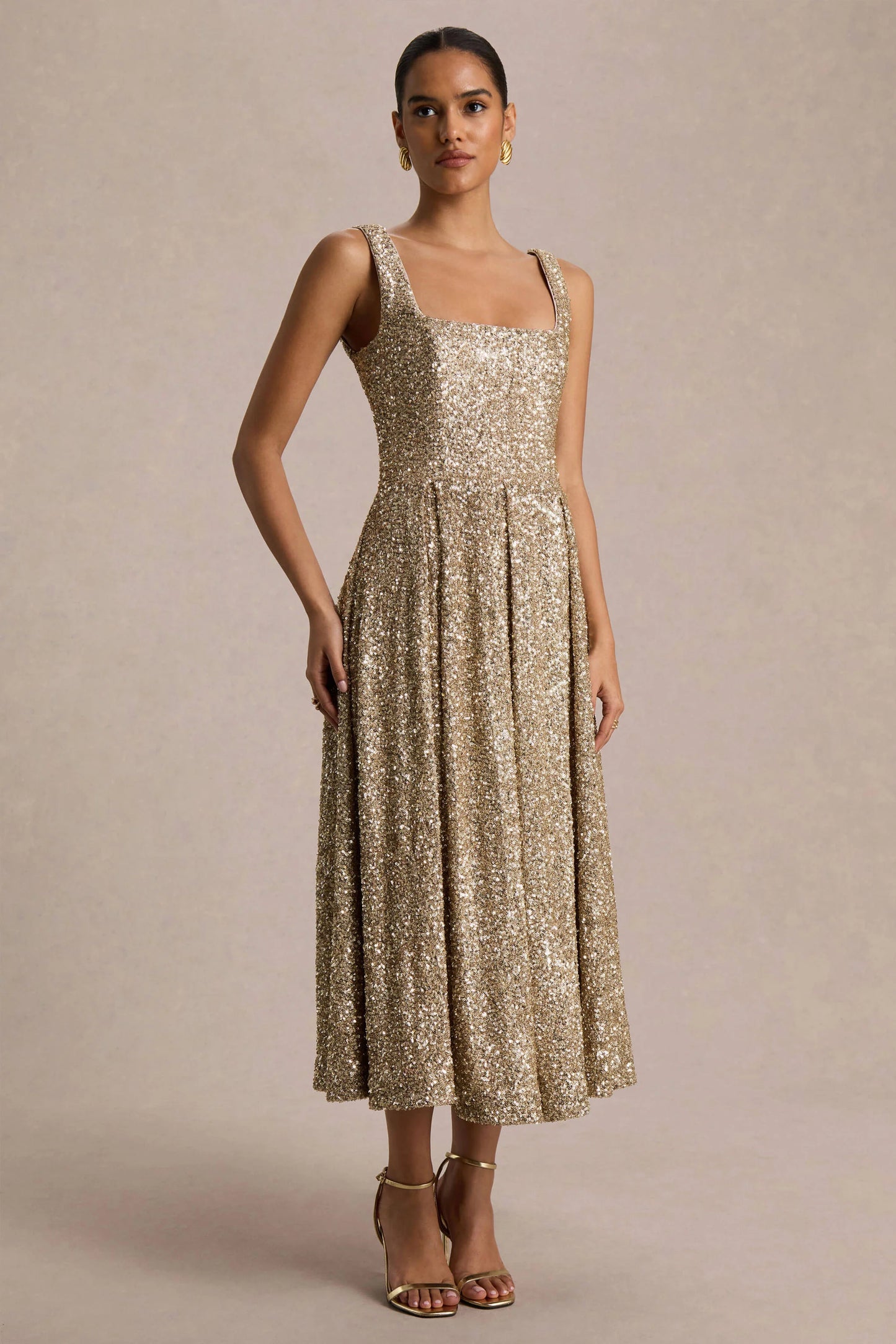 Lima Champagne Sequin Square-Neck A-Line Midi Dress