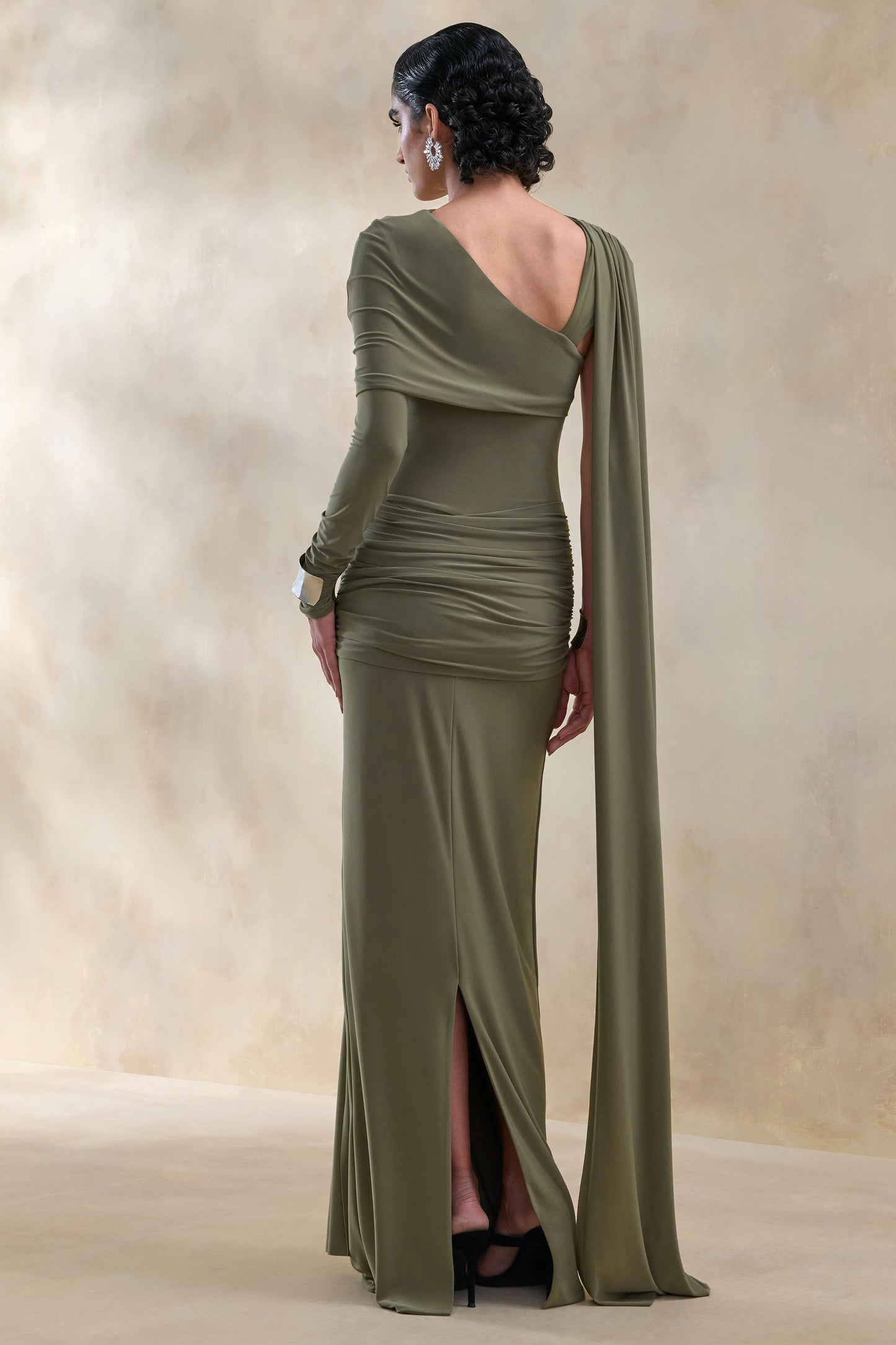 Trisara Olive Asymmetric-Neck Maxi Dress With Gathered-Detailing And Sash