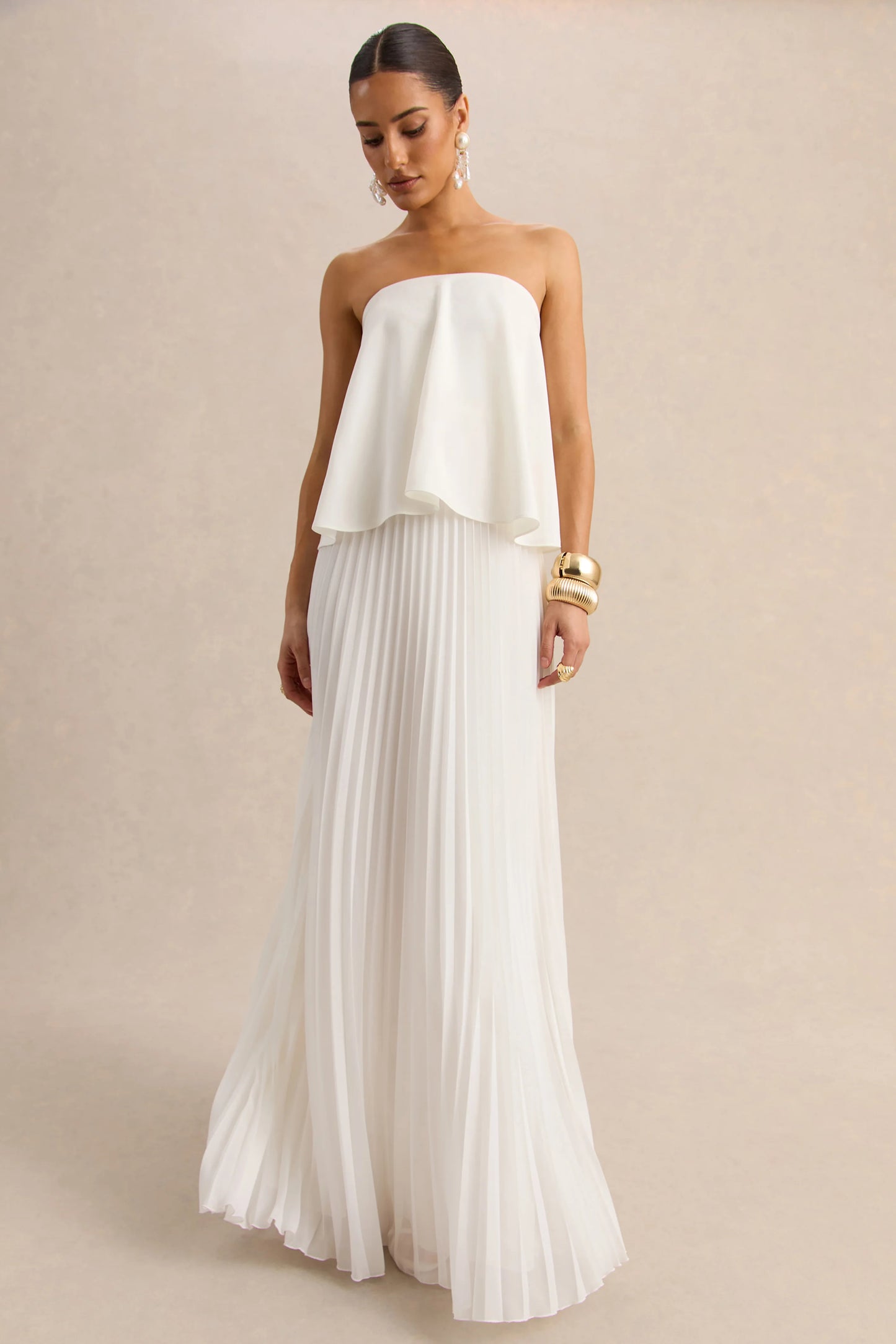 Saralyn White Bandeau Maxi Dress With Pleated-Skirt