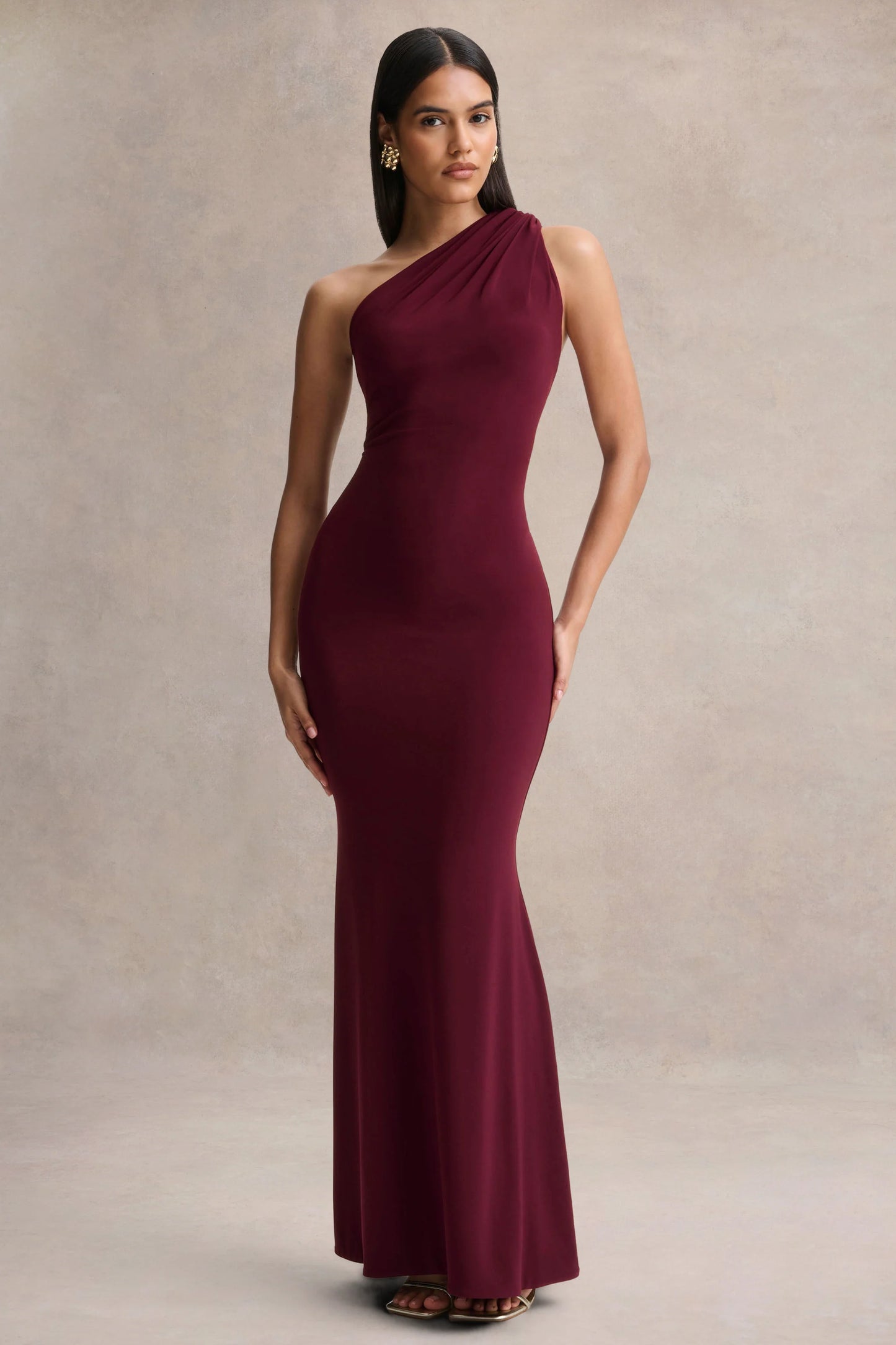 Ottilie Burgundy Asymmetric-Neck Maxi Dress