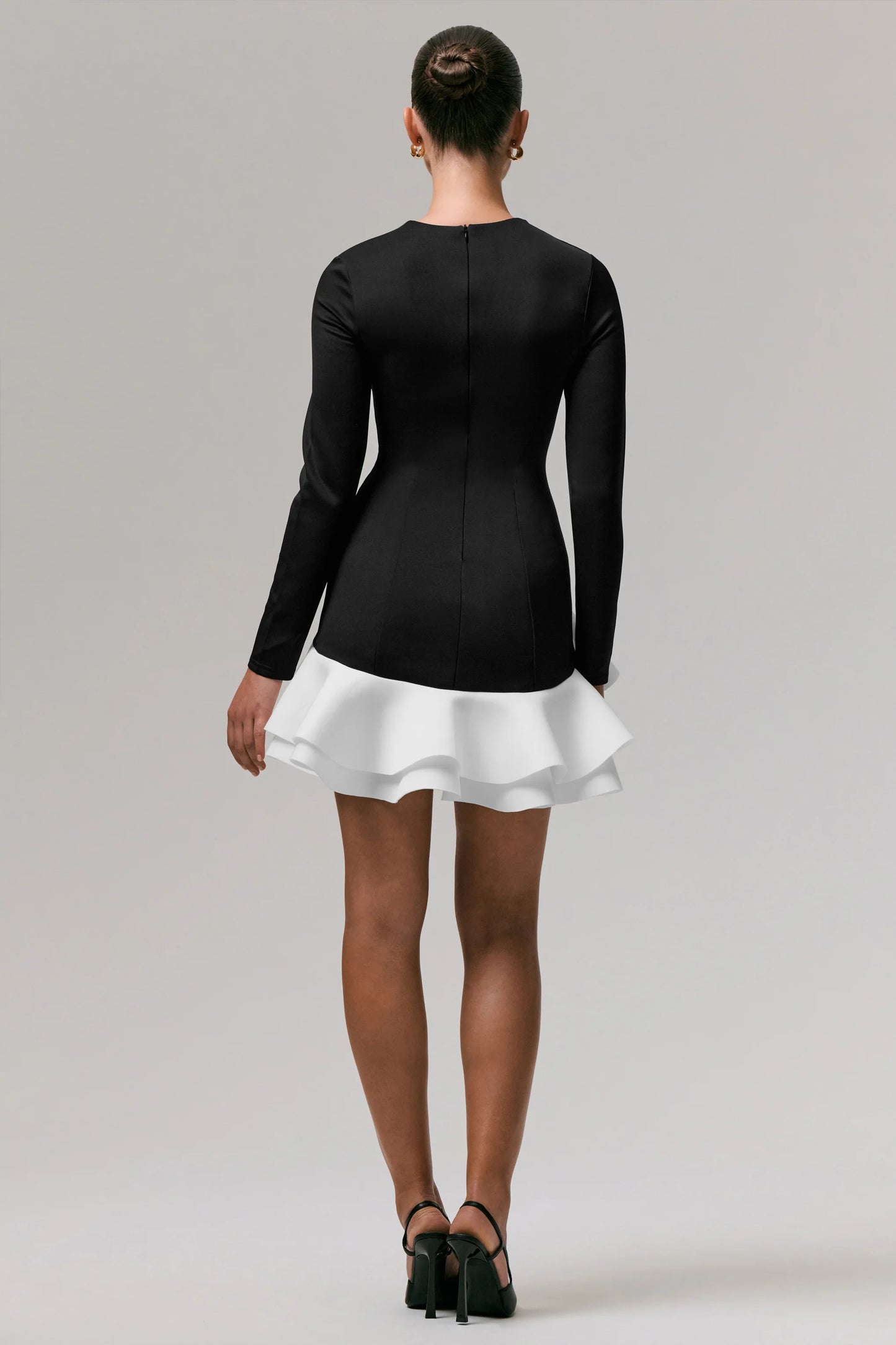 Lucinda Black & White Long-Sleeve Mini Dress With Ruffle Hem