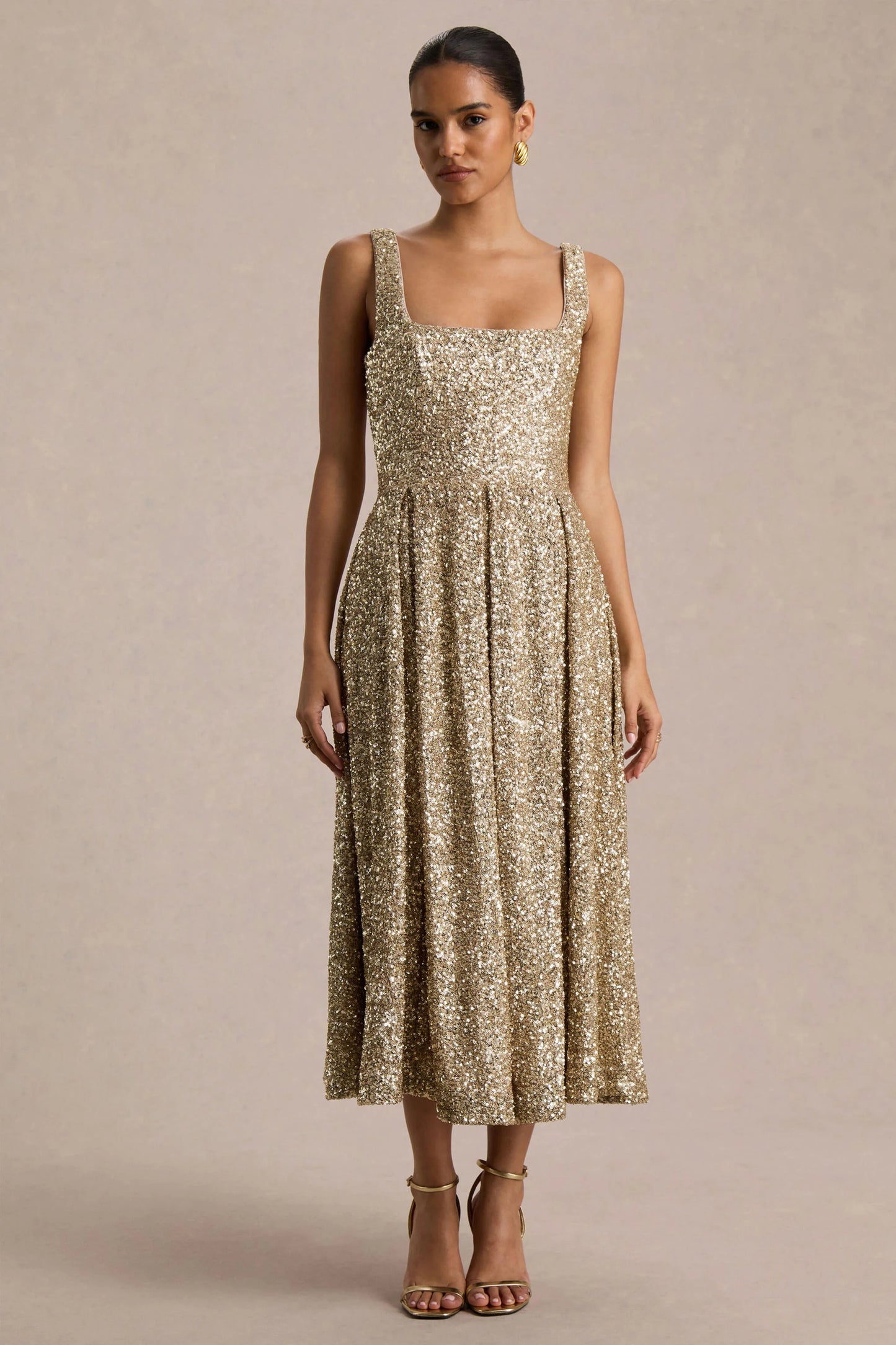 Lima Champagne Sequin Square-Neck A-Line Midi Dress
