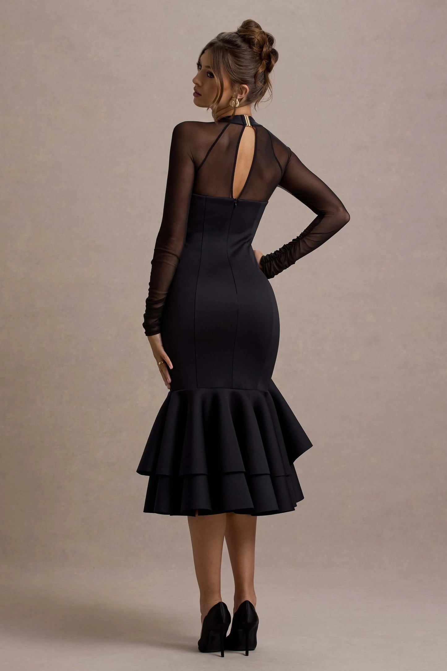 Sander Black Mesh Long-Sleeve Ruffle-Hem Midi Dress