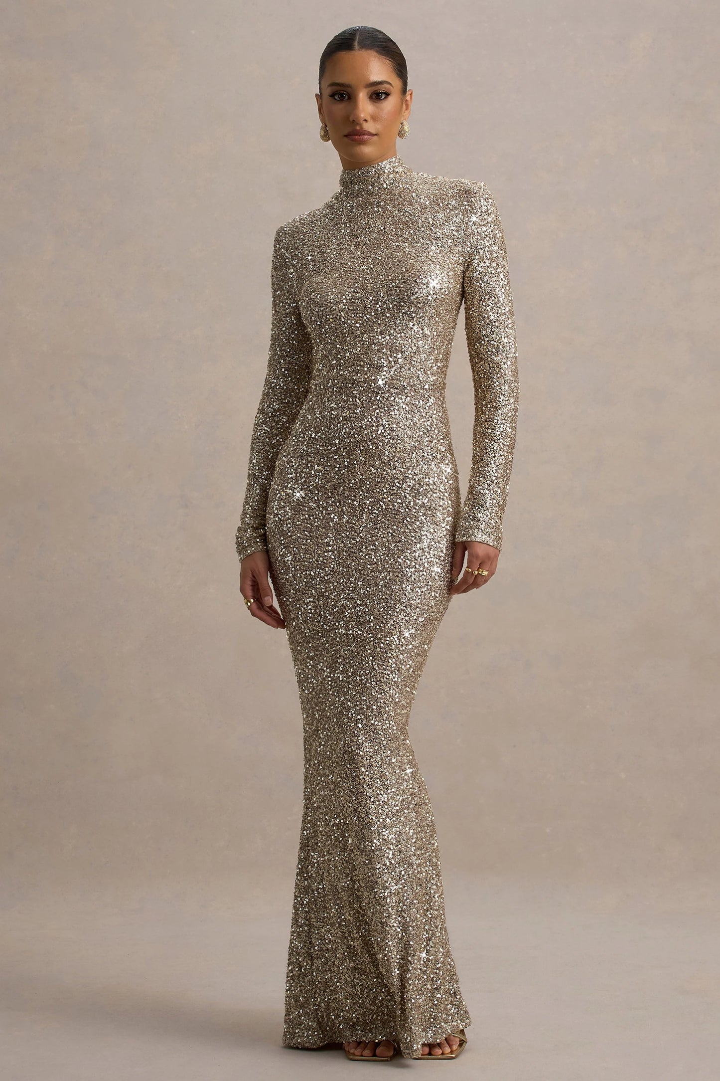 Galaxy Champagne Sequin Turtle-Neck Long-Sleeve Maxi Dress