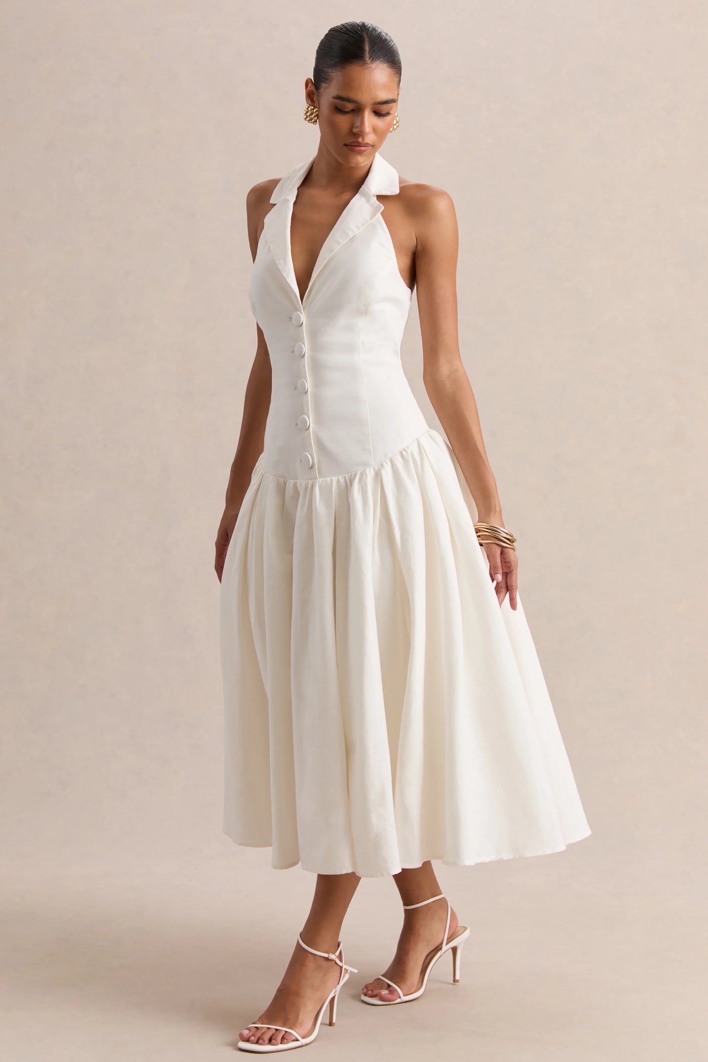 Ella White Plunge-Neck Midi Dress With Drop-Waist