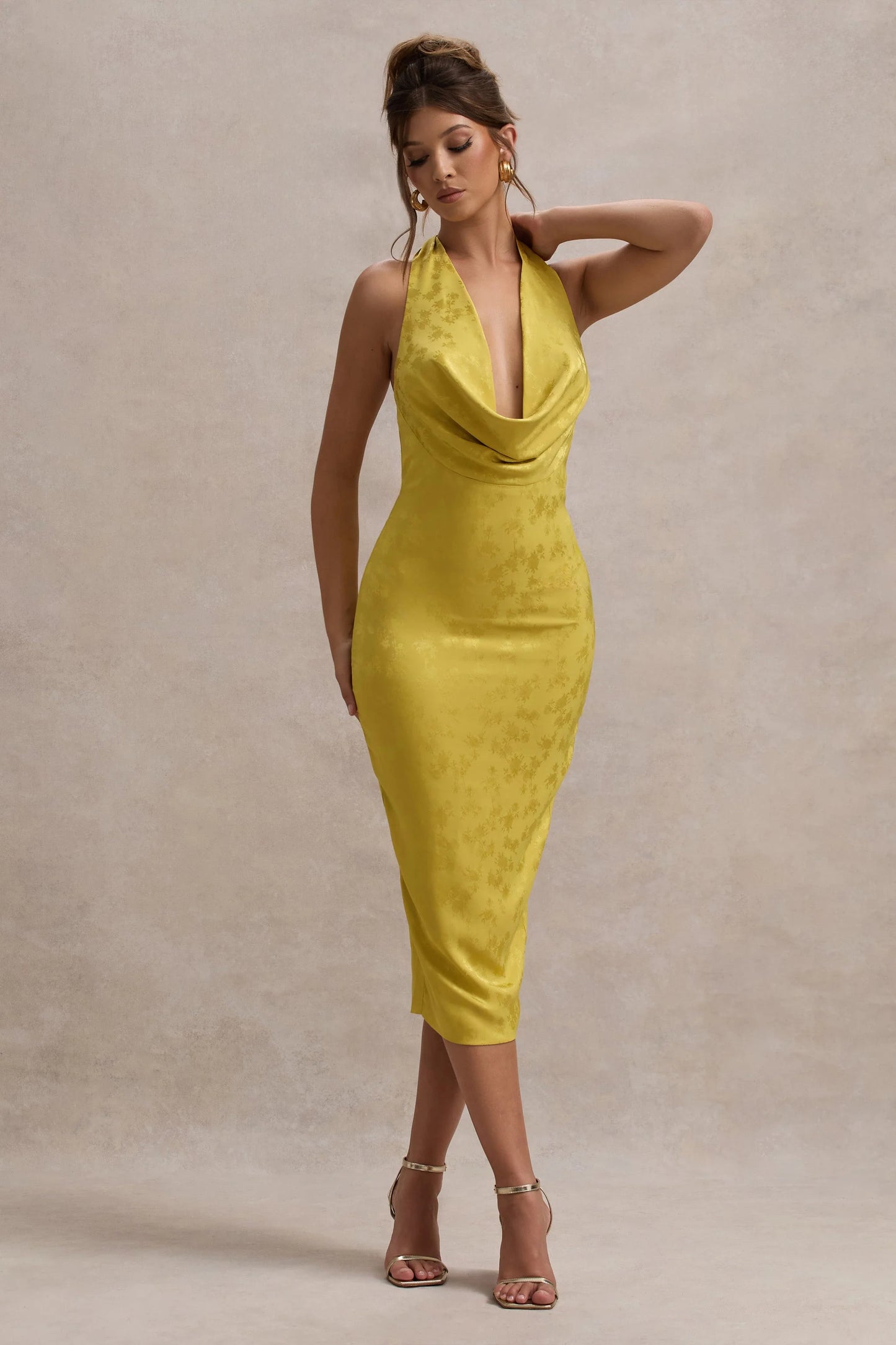 Maciza Mustard Satin Jacquard Cowl-Neck Midi Dress