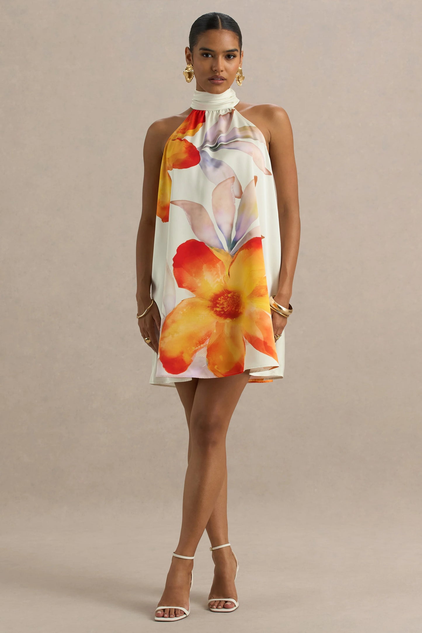 Evita Orange Floral High-Neck Satin Mini Dress