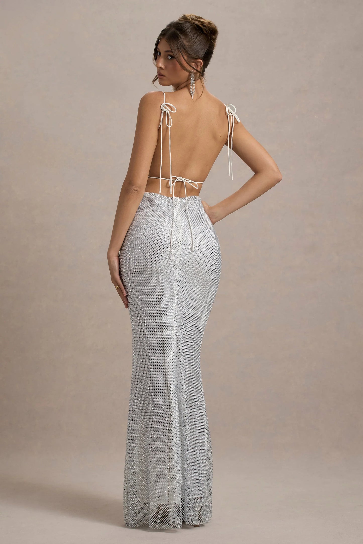 Quartz Silver Embellished Square-Neck Open-Back Maxi Dress