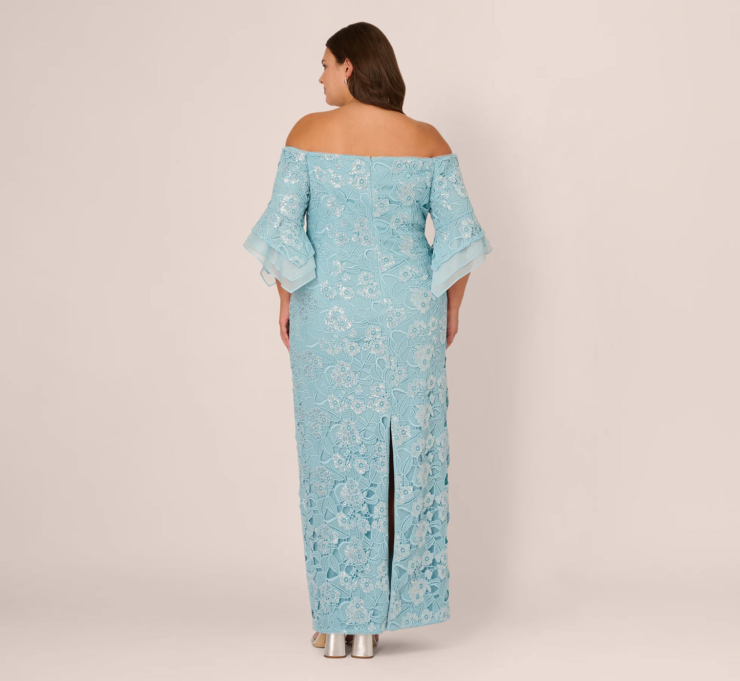 Plus Size Off Shoulder Bell Sleeve Sequin Lace Gown In Airy Aqua